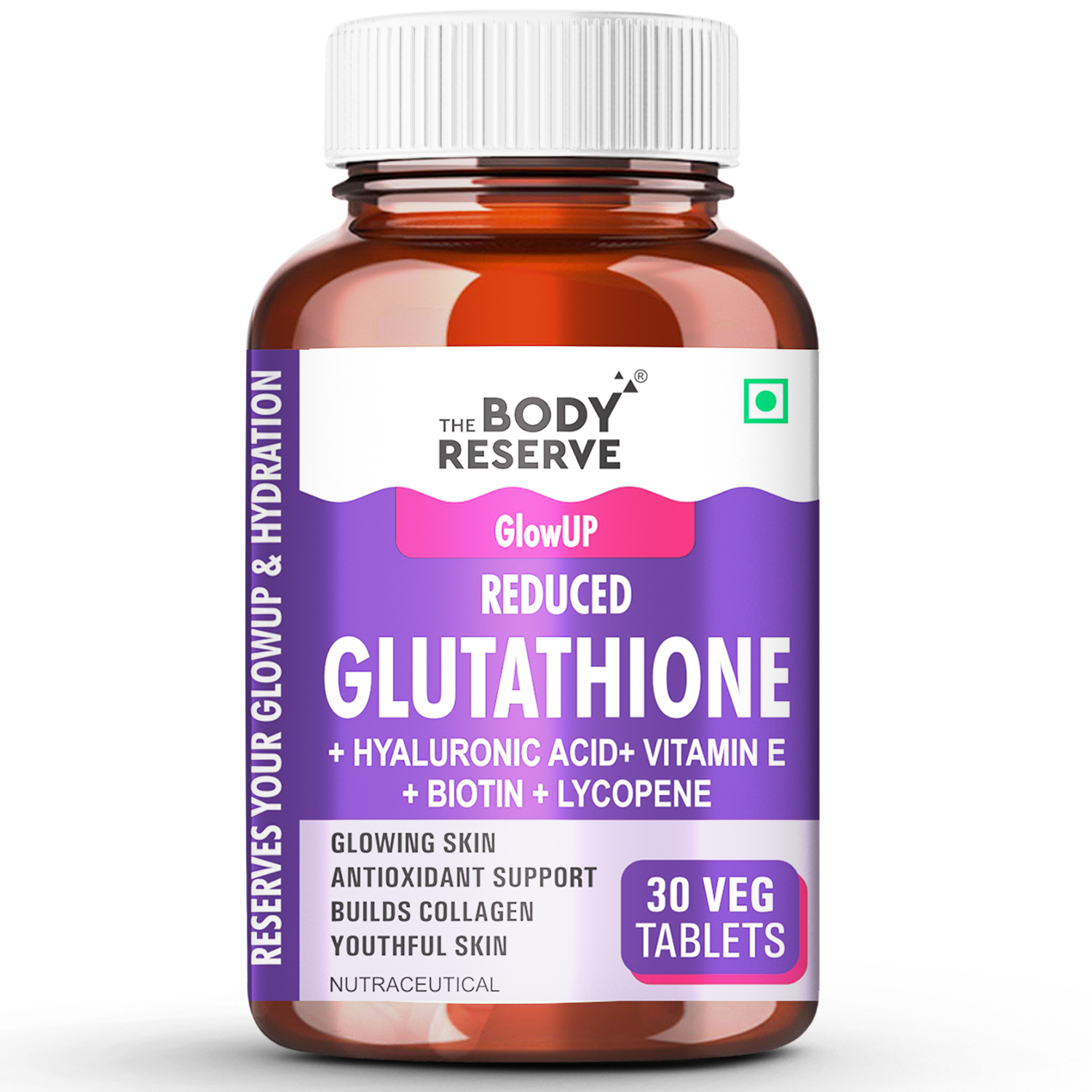The Body Reserve Japanese L-Glutathione Tablets 500mg for Skin Glow With Hyaluronic Acid, Vitamin E, Lycopene & Biotin, Supports Collagen Production - 30 Tablets Sugar-Free Pack of 1