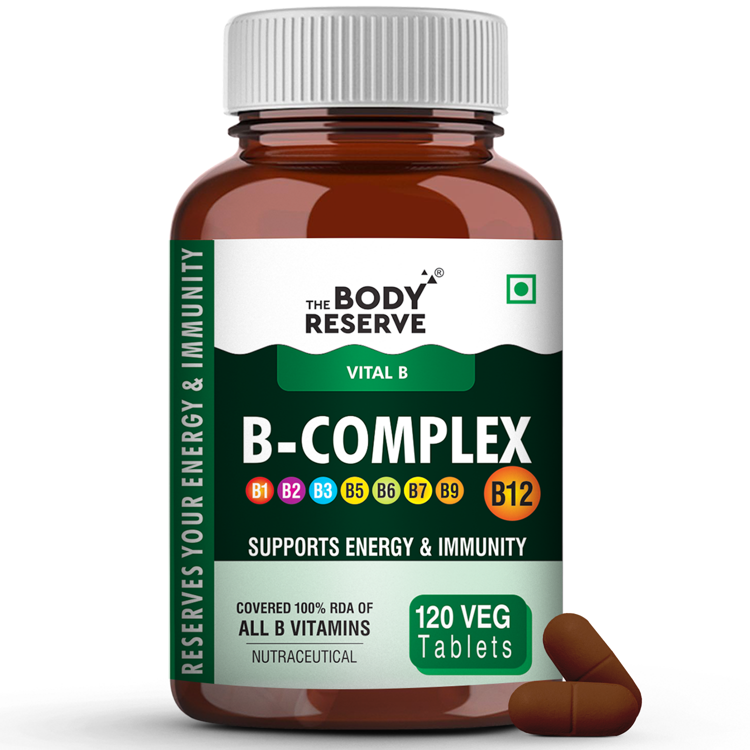 The Body Reserve Vitamin B Complex Tablets- 120 Veg Tablets 100% RDA Of Vitamin B1, B2, B3, B5, B6, B7, B9 & B12, Vitamin B Complex Supplements For Women & Men (4 MONTHS SUPPLY PACK)