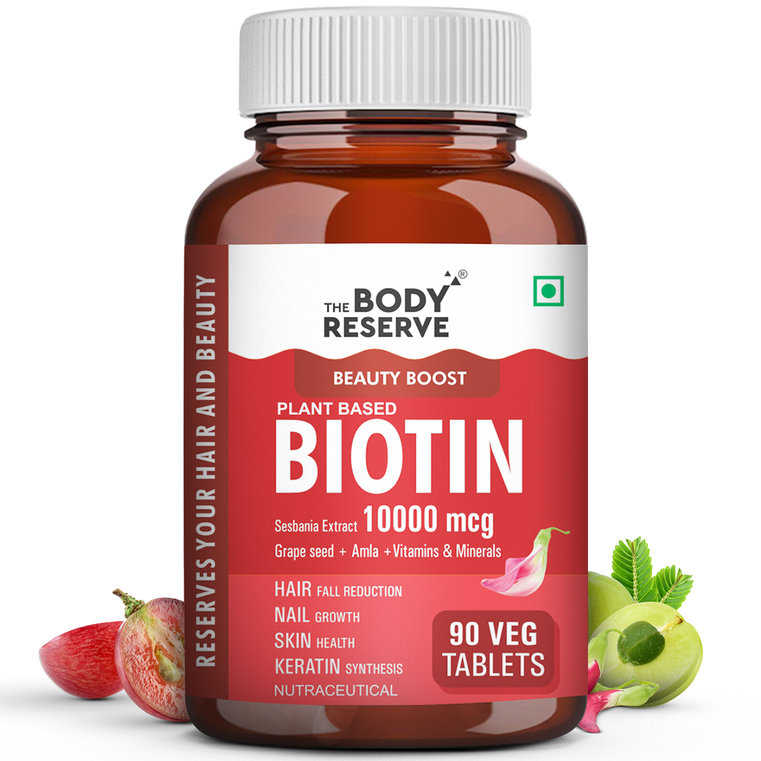 The Body Reserve Plant-Based Biotin Tablets - 90 Veg Tablets, Biotin from Sesbania Extract with Amla & Grapeseed - Supports Hair, Skin, and Nails - For Men & Women