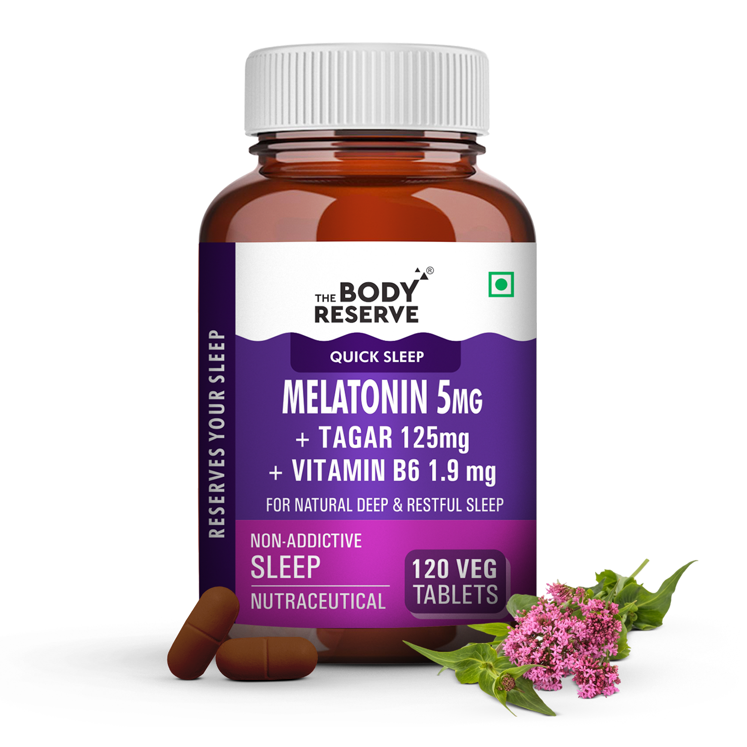 The Body Reserve Melatonin 5mg with Tagar 125mg - 120 Veg Tablets for Natural Sleep Aid, Muscle Recovery, Nerve Relaxation, and Stress Relief - Non-Habit Forming Sleep Aid for Men & Women