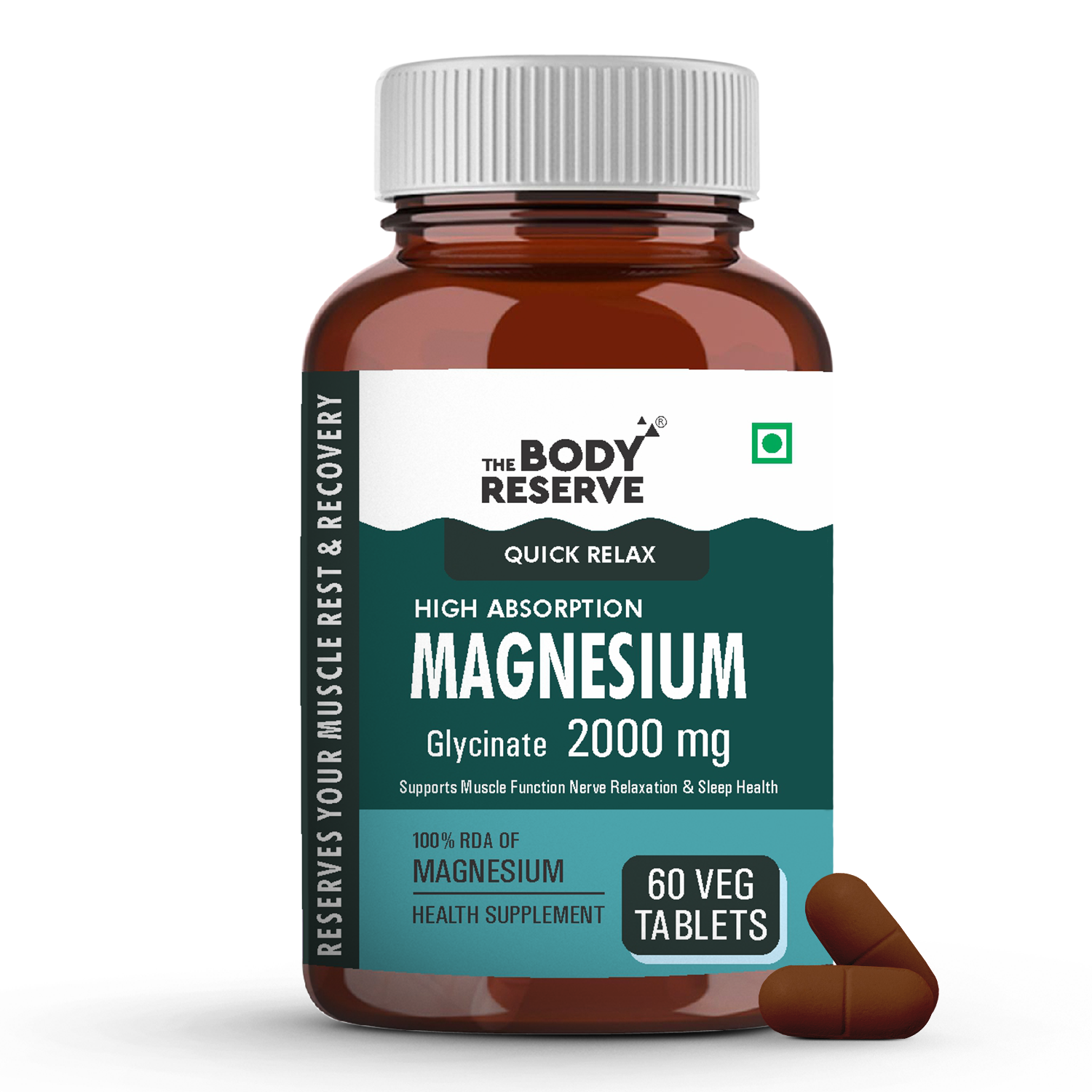 The Body Reserve Magnesium Glycinate Supplement - 60 Veg Tablets, 2000mg Per Serving, High Absorption Chelated Form - Supports Muscle & Nerve Relaxation, Better Sleep Quality for Men & Women