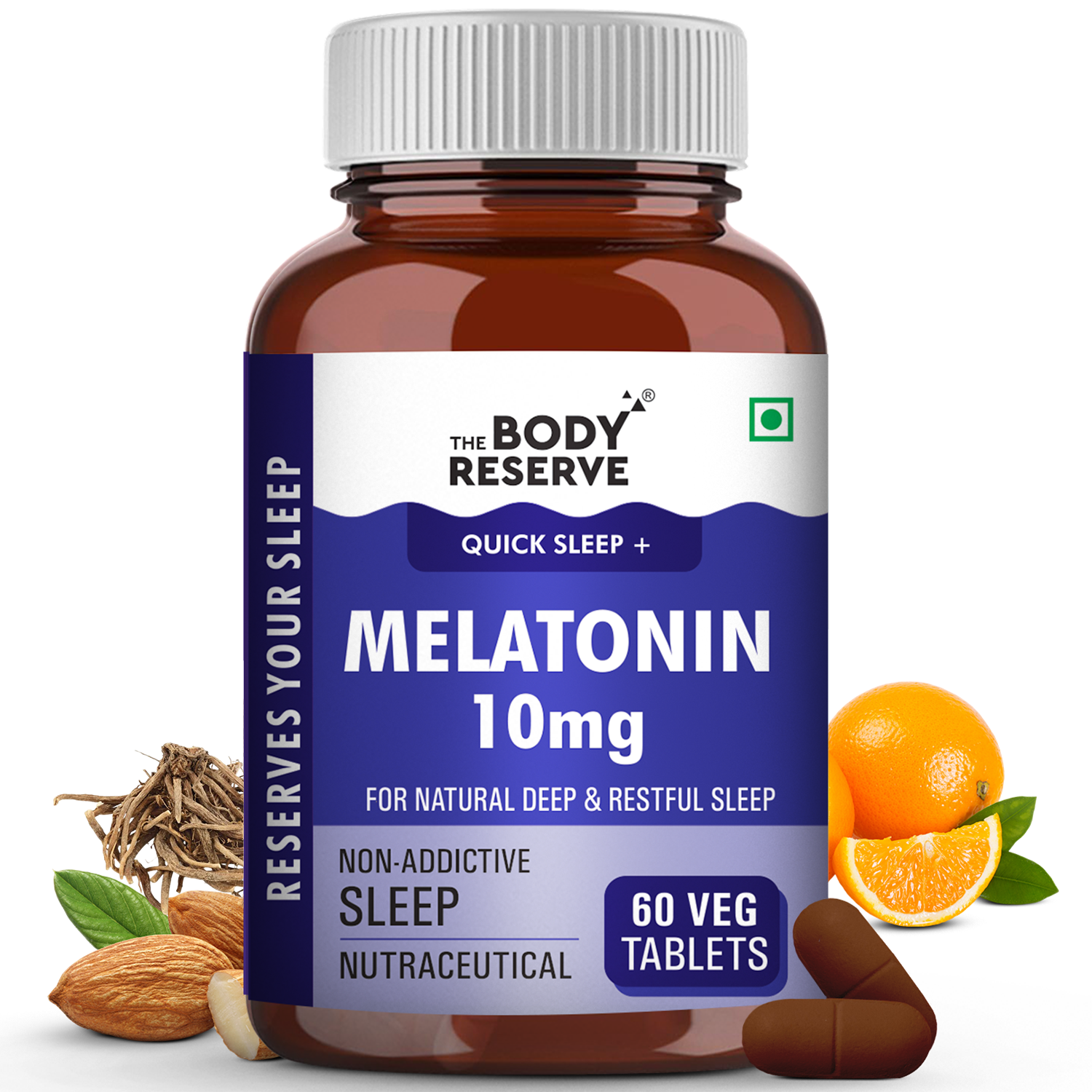 The Body Reserve Melatonin 10mg - 60 Veg Tablets for Natural Sleep Aid, Nerve Relaxation, Muscle Recovery, and Stress Relief - Non-Habit Forming Sleep Aid for Men & Women