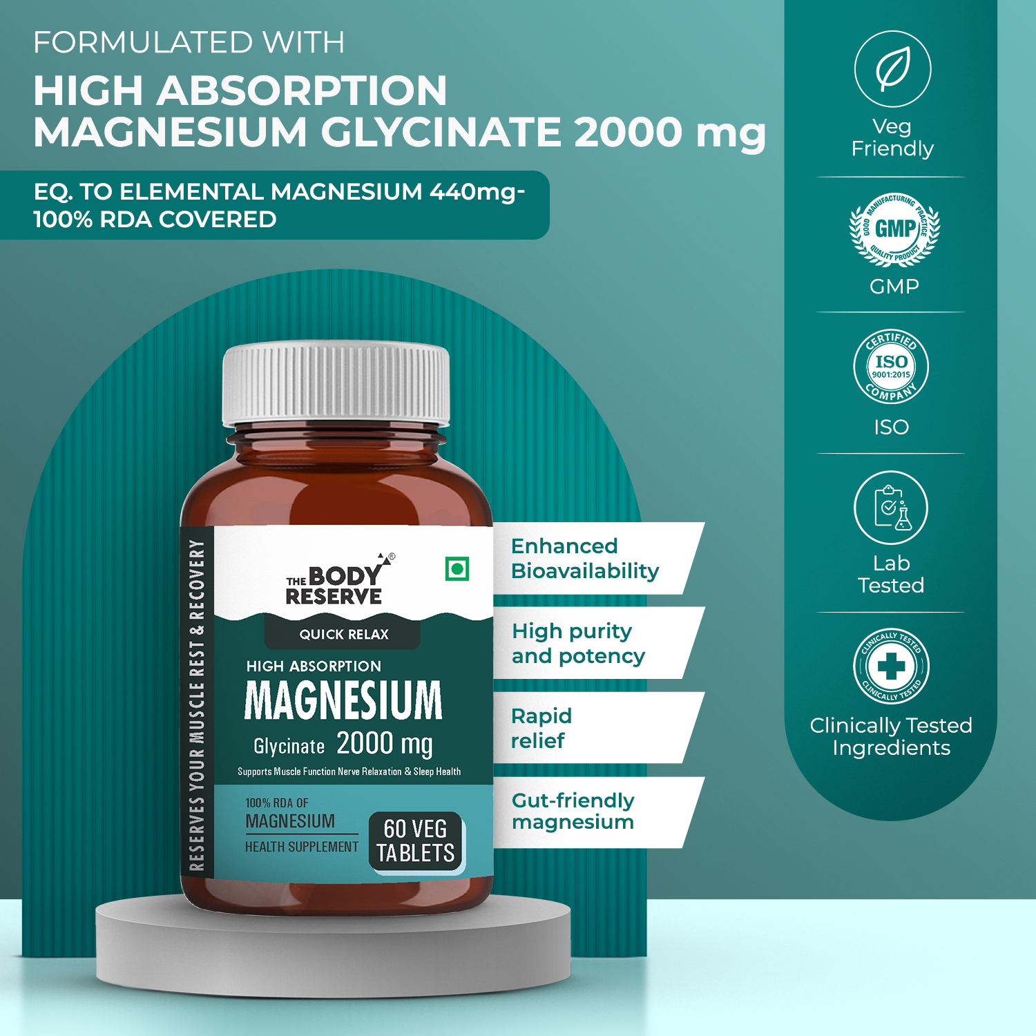 The Body Reserve Magnesium Glycinate Supplement - 60 Veg Tablets, 2000mg Per Serving, High Absorption Chelated Form - Supports Muscle & Nerve Relaxation, Better Sleep Quality for Men & Women
