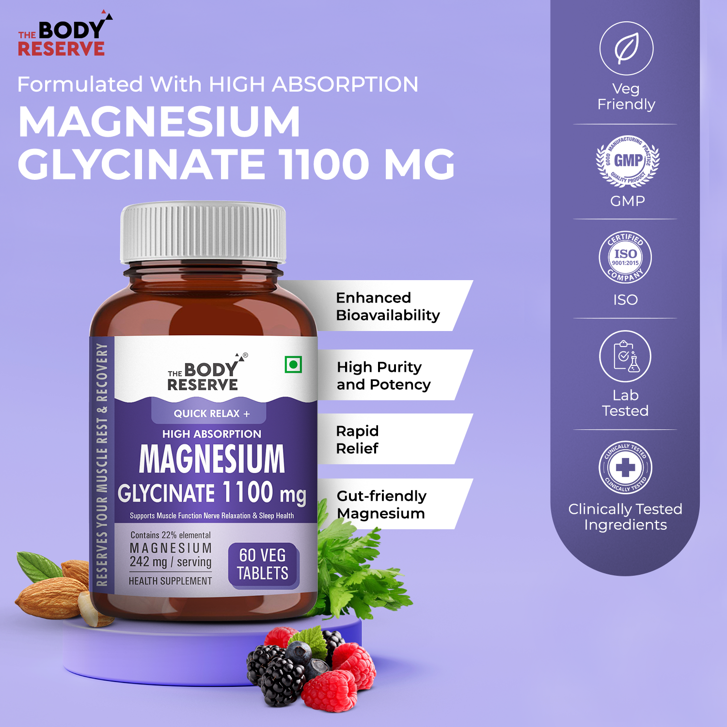 The Body Reserve Magnesium Glycinate Supplement - 60 Veg Tablets, 1100mg Per Serving, High Absorption Chelated Form - Supports Muscle & Nerve Health, Promotes Relaxation for Men & Women