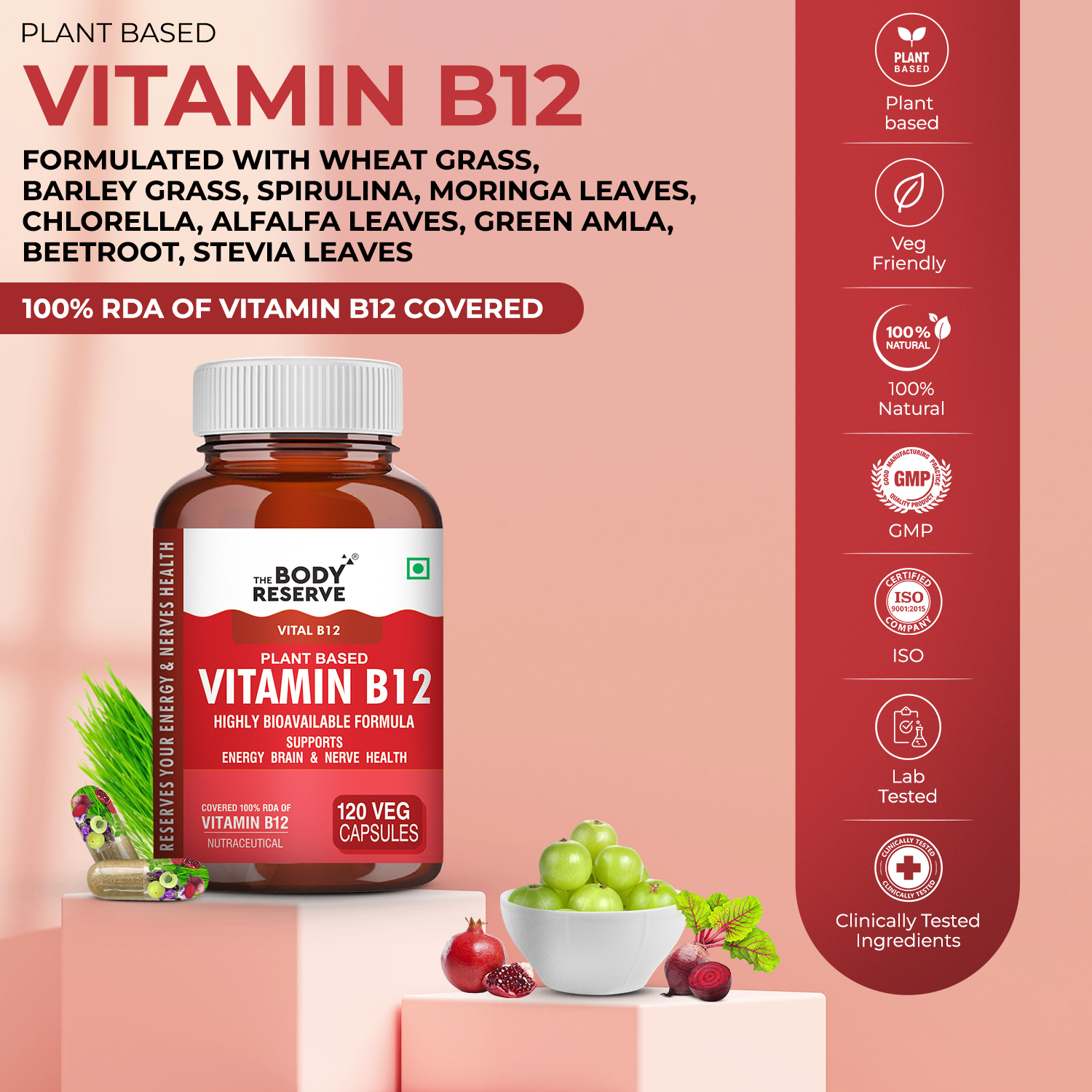The Body Reserve Plant Based Vitamin B12 Supplement For Men & Women 120 Capsules Organic Vitamin B12 For Nerve And Brain Health Vegan Capsules