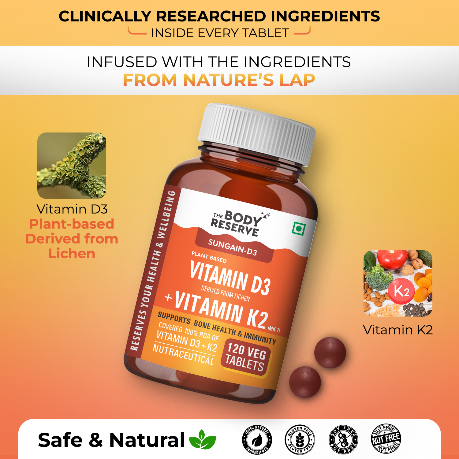 The Body Reserve Vitamin D3 K2 MK7 - 120 Veg Tablets, 100% RDA Plant-Based Vitamin D3 Supplement from Lichen Source with Vitamin K2 as MK7 Menaquinone