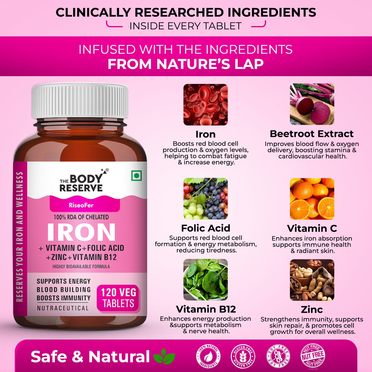 The Body Reserve Chelated Iron + Vitamin C Tablets - 120 Veg Tablets with Vitamin B12 , Zinc, Folic Acid, Beetroot Extract - High Absorption, Supports Blood Building, Energy & Immunity, 100% RDA