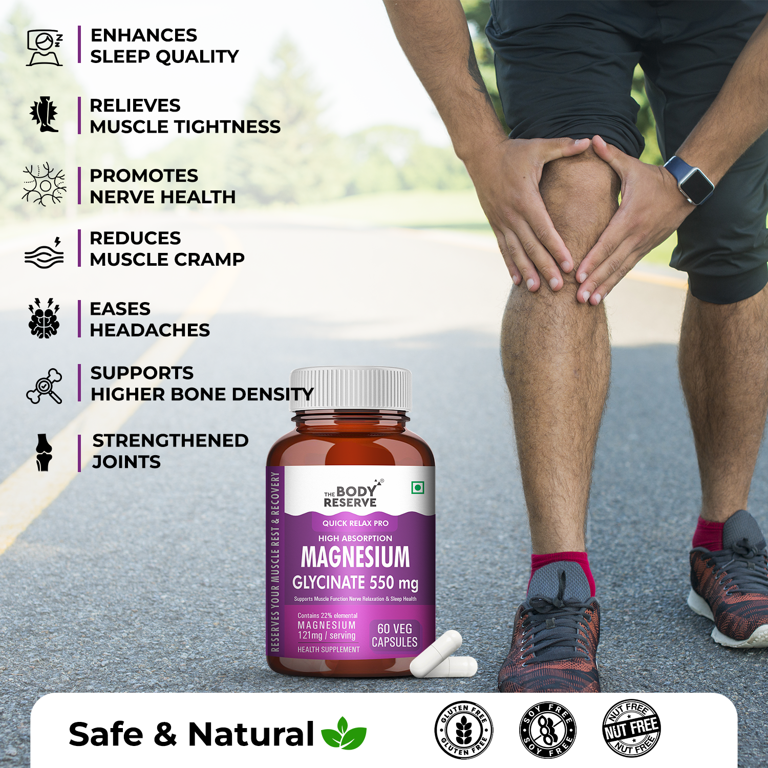 The Body Reserve Magnesium Glycinate Supplement - 60 Veg Tablets, 550mg Per Serving, High Absorption Chelated Form - Supports Muscle & Nerve Health, Promotes Relaxation for Men & Women