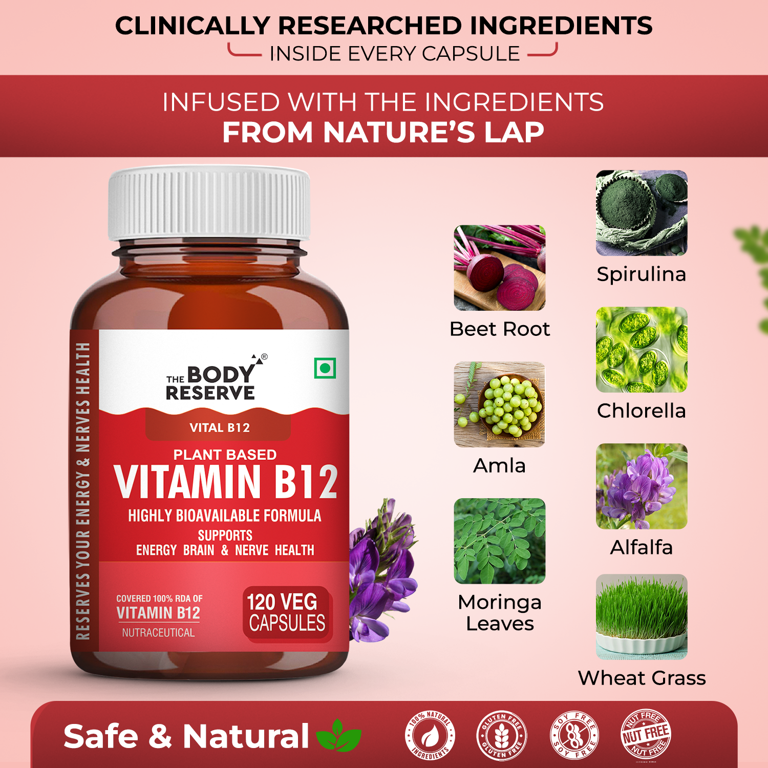 The Body Reserve Plant Based Vitamin B12 Supplement For Men & Women 120 Capsules Organic Vitamin B12 For Nerve And Brain Health Vegan Capsules