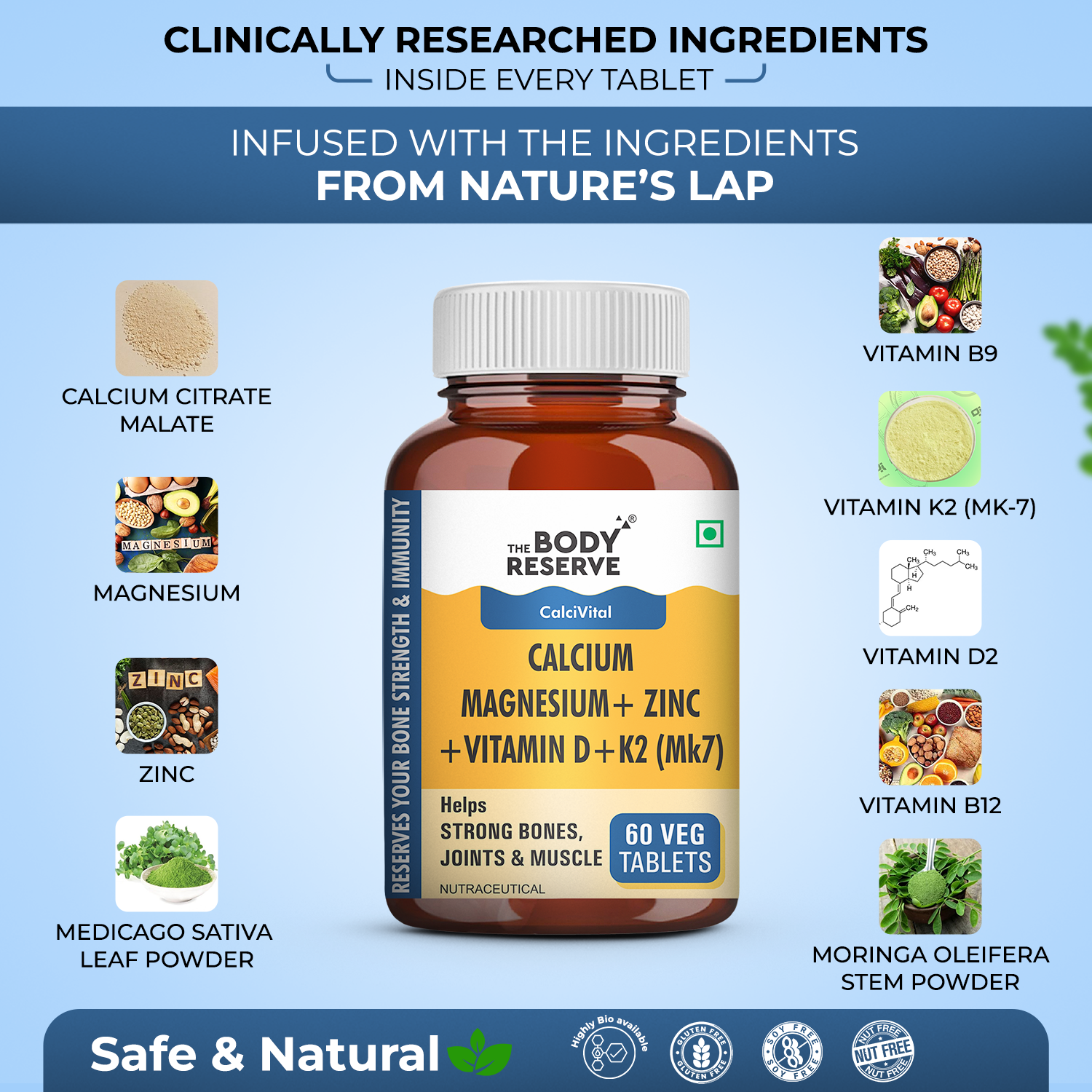 The Body Reserve Calcium Tablets For Women & Men- 60 Tablets, Calcium Magnesium & Zinc Supplements For Man With Calcium Citrate, Vitamin K2, MK7 & Vitamin B12 To Support Joints And Bone Health