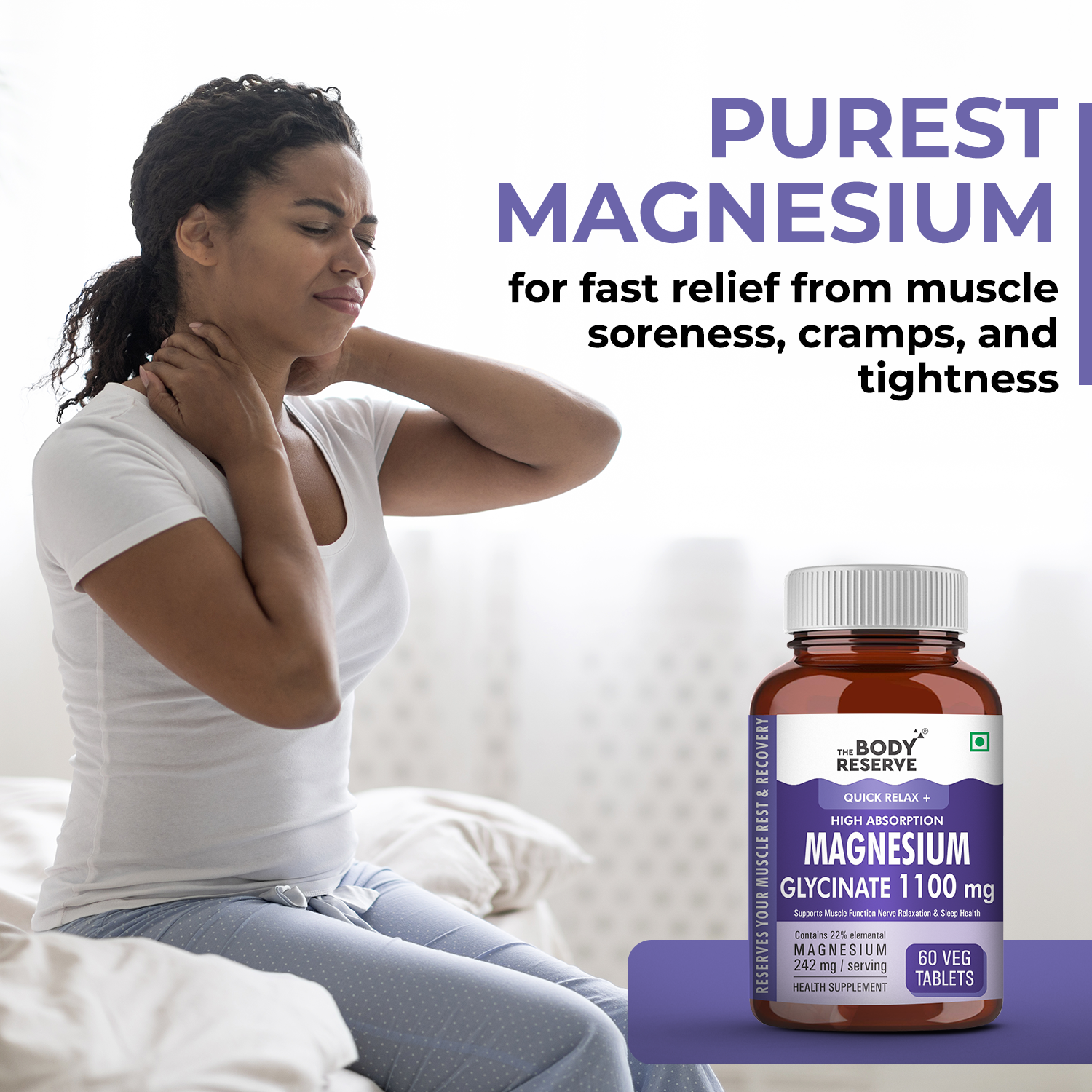 The Body Reserve Magnesium Glycinate Supplement - 60 Veg Tablets, 1100mg Per Serving, High Absorption Chelated Form - Supports Muscle & Nerve Health, Promotes Relaxation for Men & Women