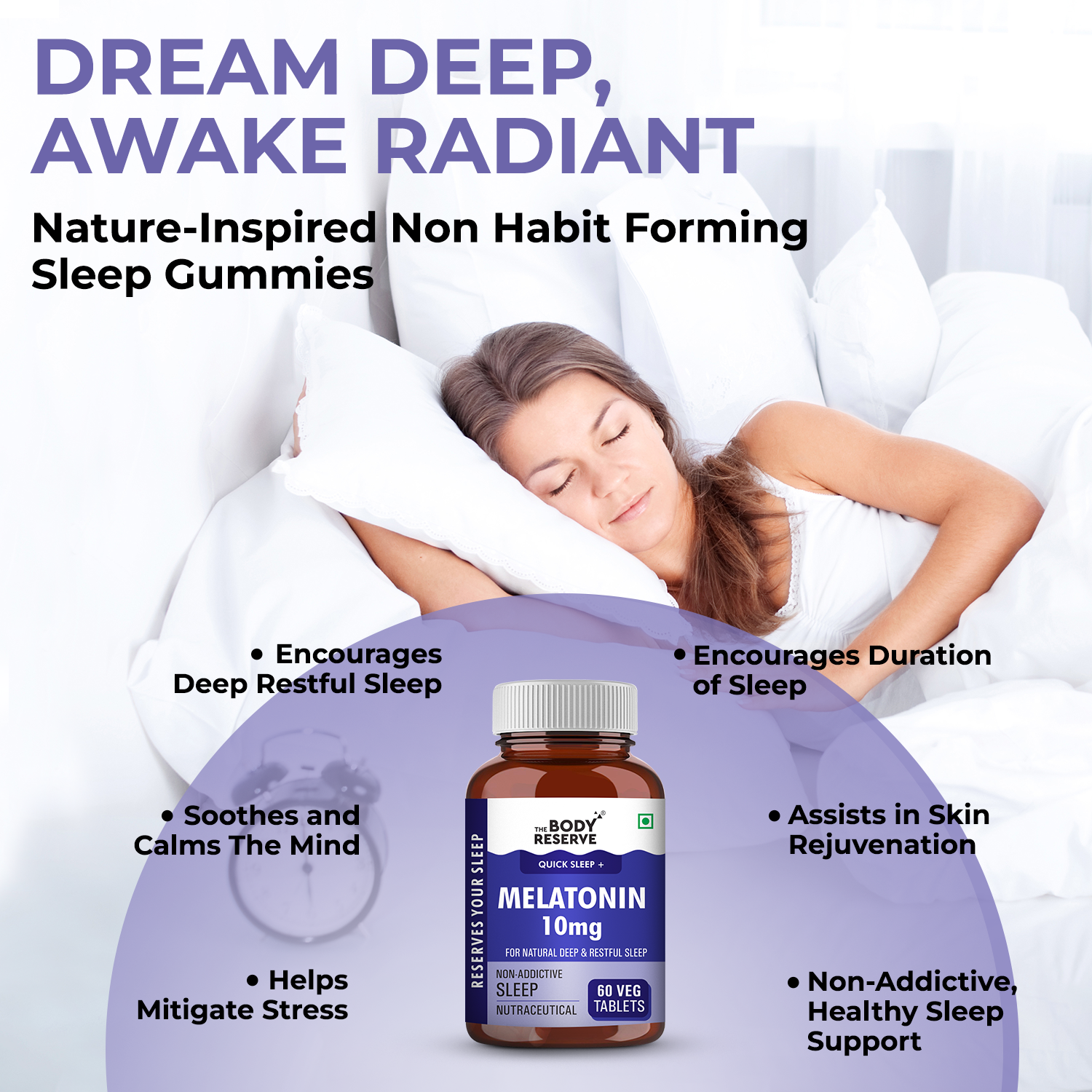 The Body Reserve Melatonin 10mg - 60 Veg Tablets for Natural Sleep Aid, Nerve Relaxation, Muscle Recovery, and Stress Relief - Non-Habit Forming Sleep Aid for Men & Women