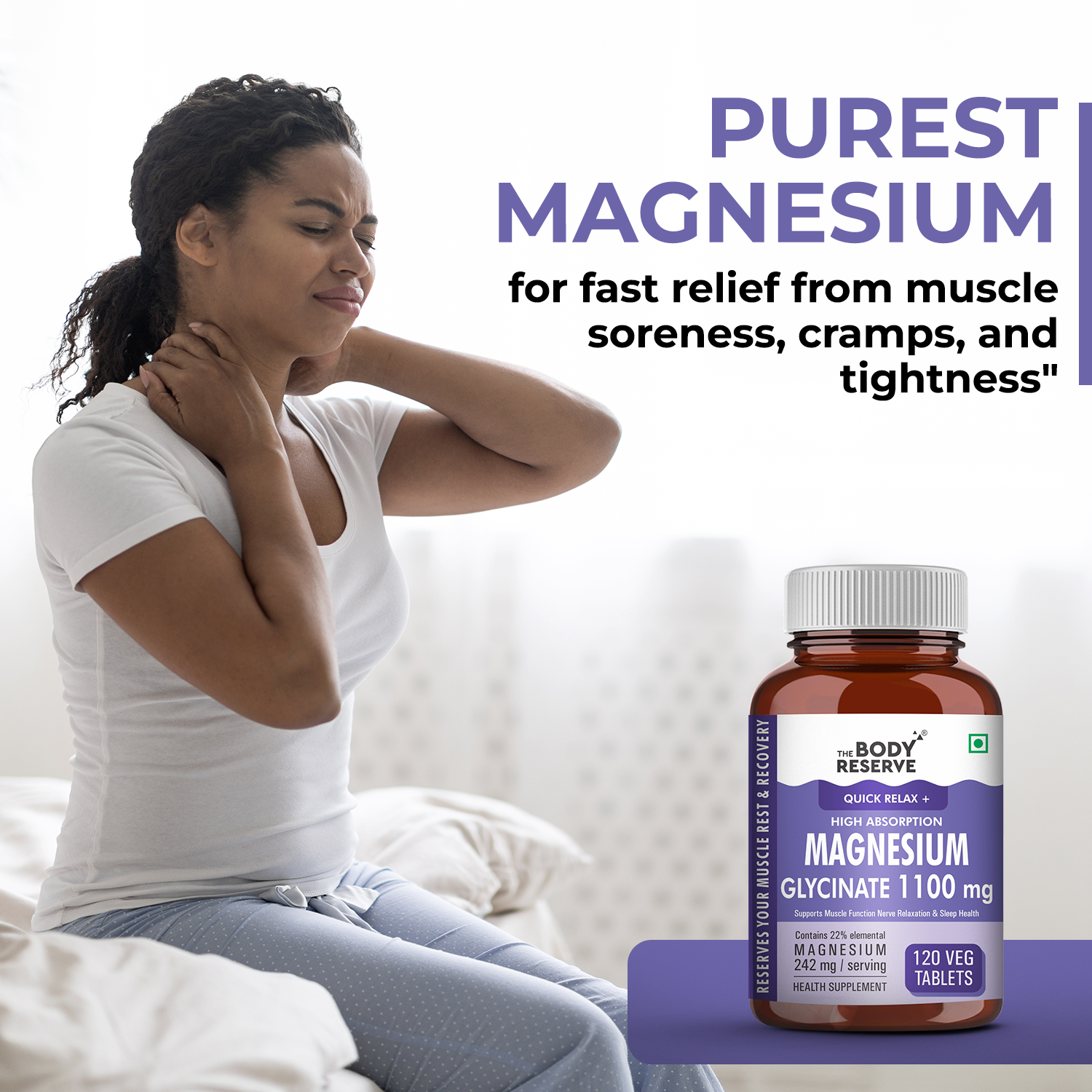 The Body Reserve Magnesium Glycinate Supplement - 120 Veg Tablets, 1100mg Per Serving, High Absorption Chelated Form - Supports Muscle & Nerve Health, Promotes Relaxation for Men & Women