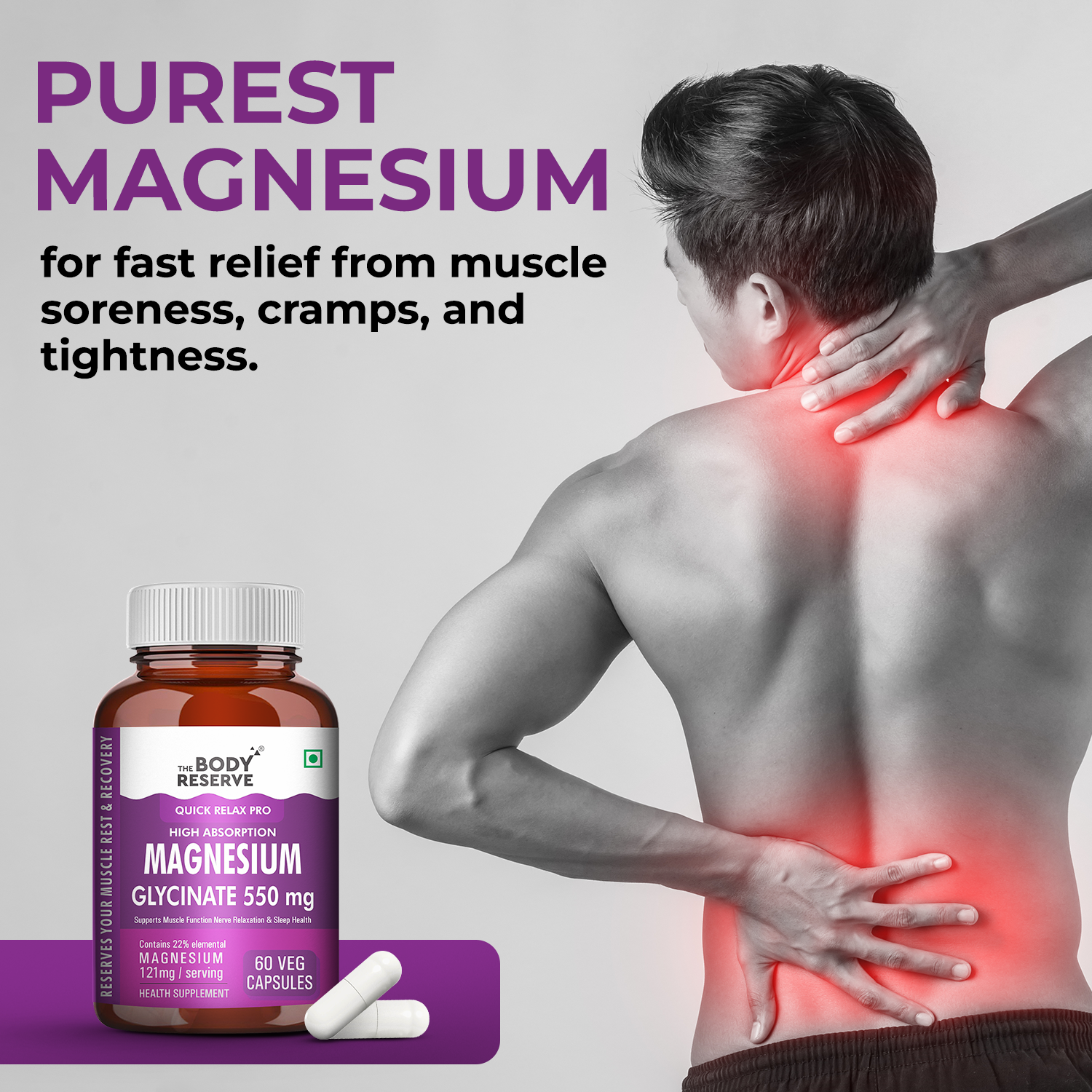 The Body Reserve Magnesium Glycinate Supplement - 60 Veg Tablets, 550mg Per Serving, High Absorption Chelated Form - Supports Muscle & Nerve Health, Promotes Relaxation for Men & Women