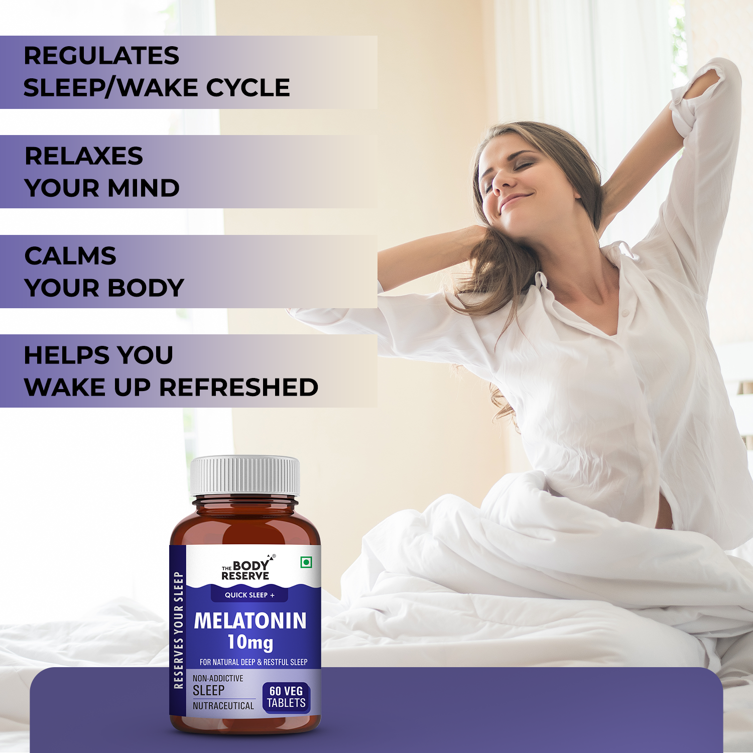 The Body Reserve Melatonin 10mg - 60 Veg Tablets for Natural Sleep Aid, Nerve Relaxation, Muscle Recovery, and Stress Relief - Non-Habit Forming Sleep Aid for Men & Women