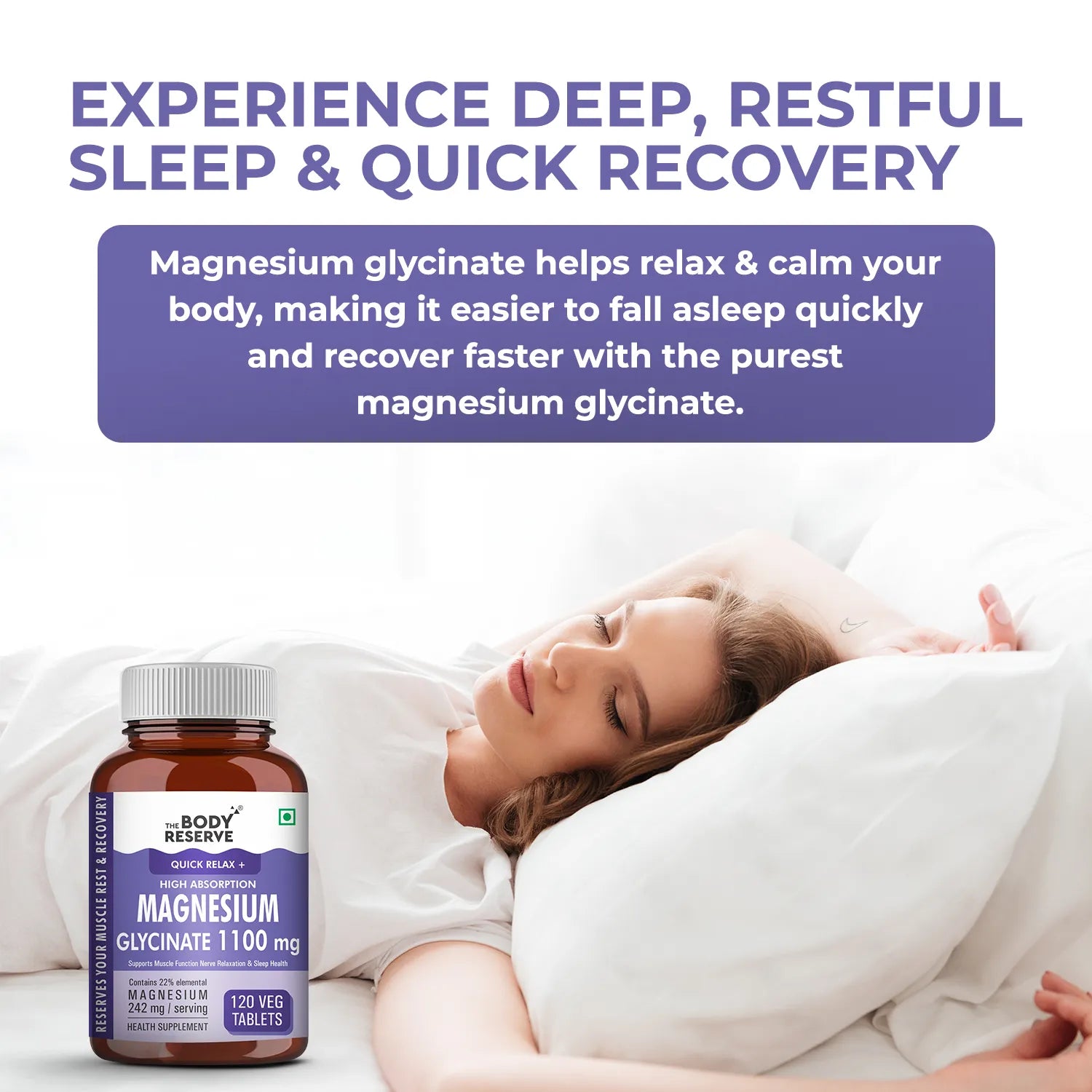 The Body Reserve Magnesium Glycinate Supplement - 120 Veg Tablets, 1100mg Per Serving, High Absorption Chelated Form - Supports Muscle & Nerve Health, Promotes Relaxation for Men & Women