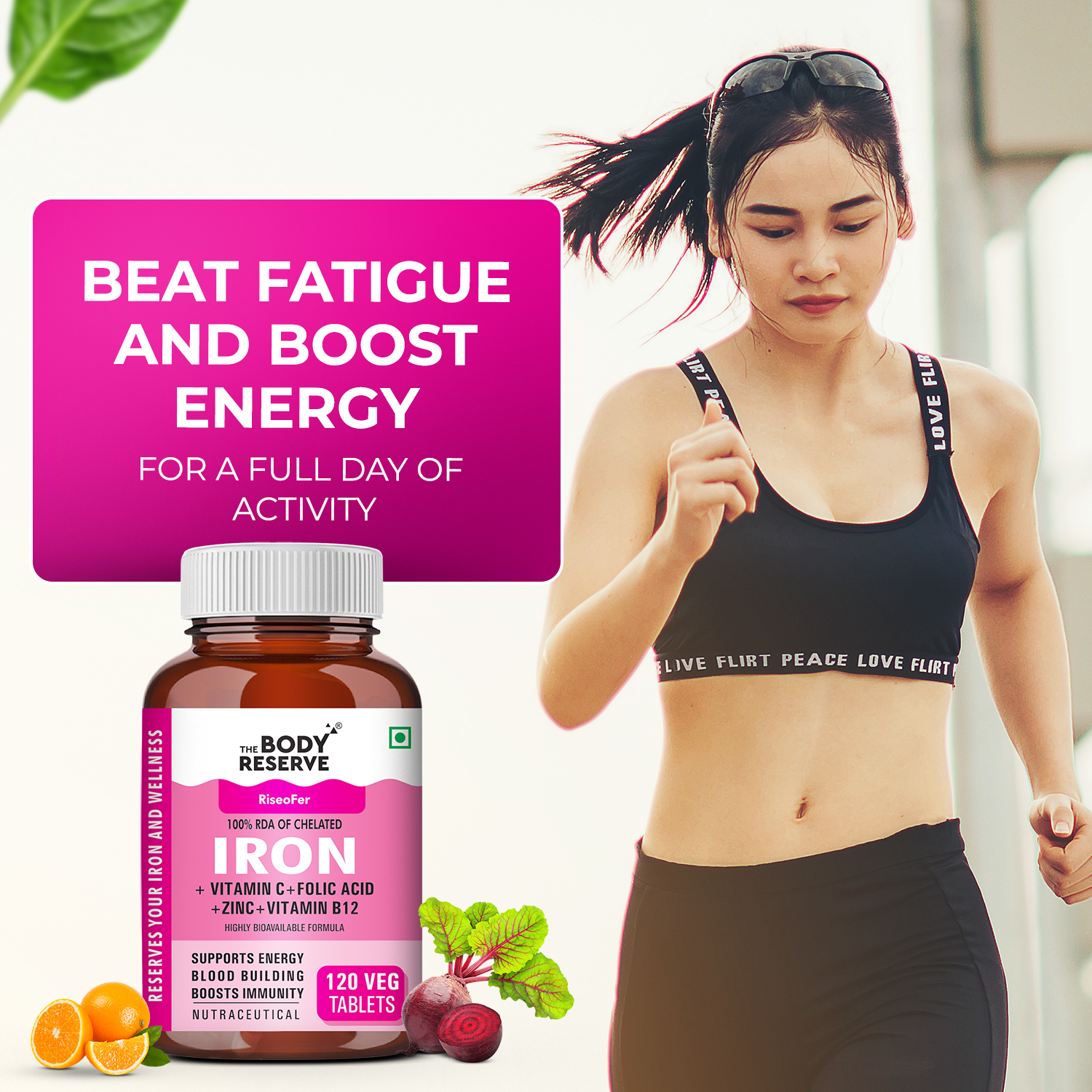 The Body Reserve Chelated Iron + Vitamin C Tablets - 120 Veg Tablets with Vitamin B12 , Zinc, Folic Acid, Beetroot Extract - High Absorption, Supports Blood Building, Energy & Immunity, 100% RDA