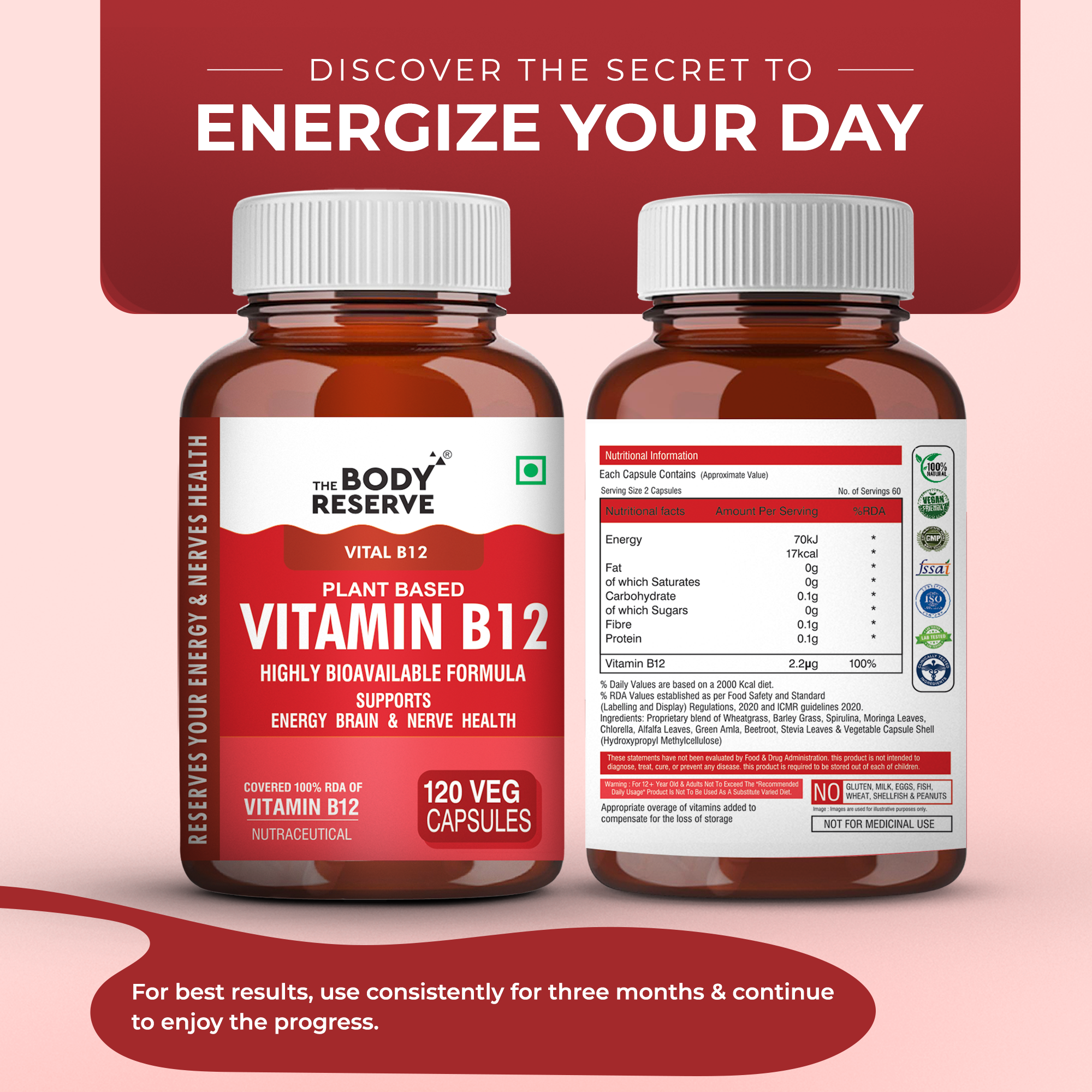 The Body Reserve Plant Based Vitamin B12 Supplement For Men & Women 120 Capsules Organic Vitamin B12 For Nerve And Brain Health Vegan Capsules
