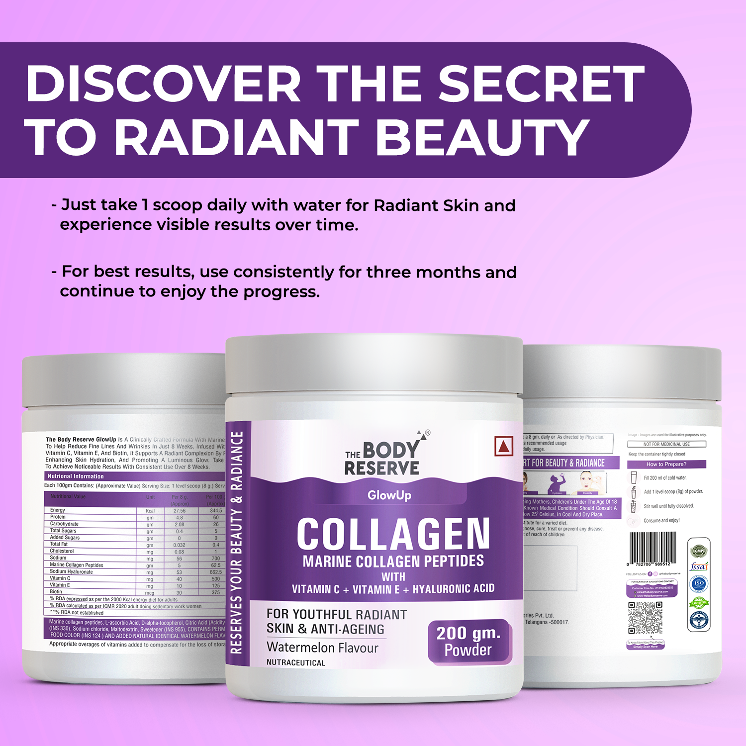The Body Reserve Marine Collagen Supplement For Men, Women (Watermelon - 200g) With Sodium Hyaluronate, Vitamin C, E & Biotin, High Absorption Marine Collagen Peptides For Healthy Skin, Hair & Nails, 1 count, 25 Servings