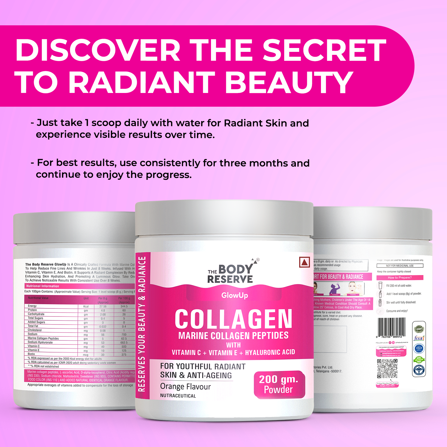 The Body Reserve Marine Collagen Supplement For Men, Women (Orange - 200g) With Sodium Hyaluronate, Vitamin C, E & Biotin, High Absorption Marine Collagen Peptides For Healthy Skin, Hair & Nails, powder,1 count,25 Servings