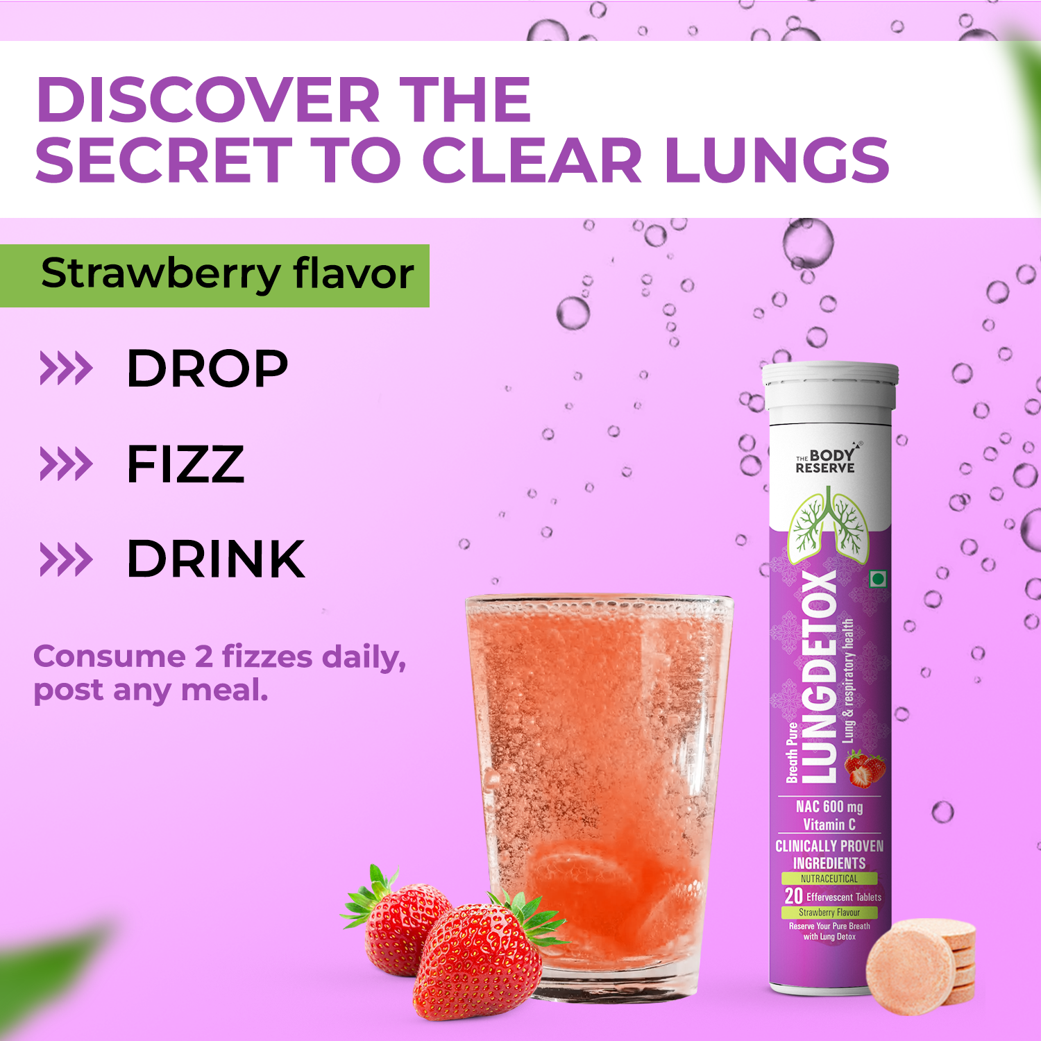 The Body Reserve Lung Detox 20 Effervescent Tablets With N-Acetylcysteine 600mg + Vitamin C – Cleaner Lungs Detoxification & Immune Defence Strawberry Flavour