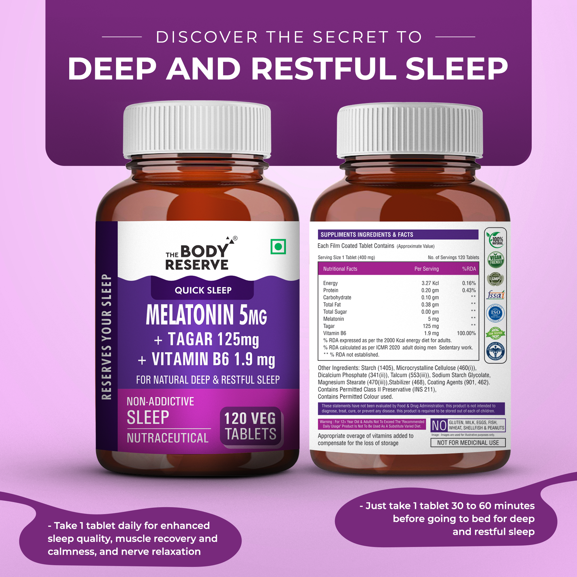 The Body Reserve Melatonin 5mg with Tagar 125mg - 120 Veg Tablets for Natural Sleep Aid, Muscle Recovery, Nerve Relaxation, and Stress Relief - Non-Habit Forming Sleep Aid for Men & Women