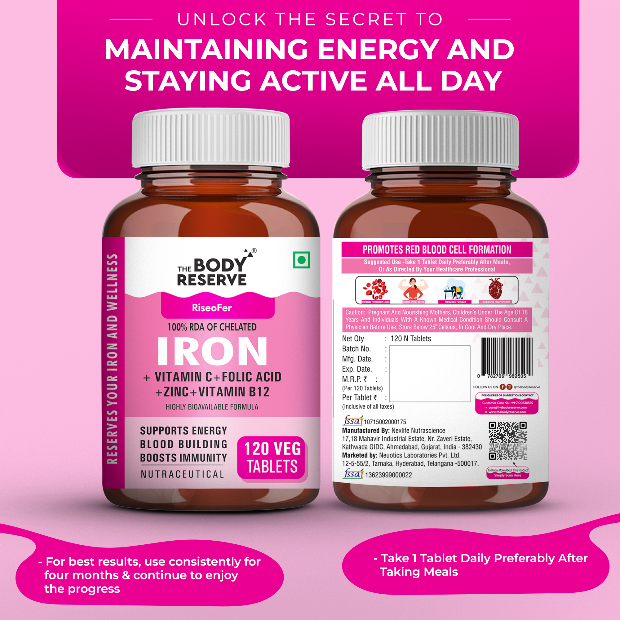 The Body Reserve Chelated Iron + Vitamin C Tablets - 120 Veg Tablets with Vitamin B12 , Zinc, Folic Acid, Beetroot Extract - High Absorption, Supports Blood Building, Energy & Immunity, 100% RDA