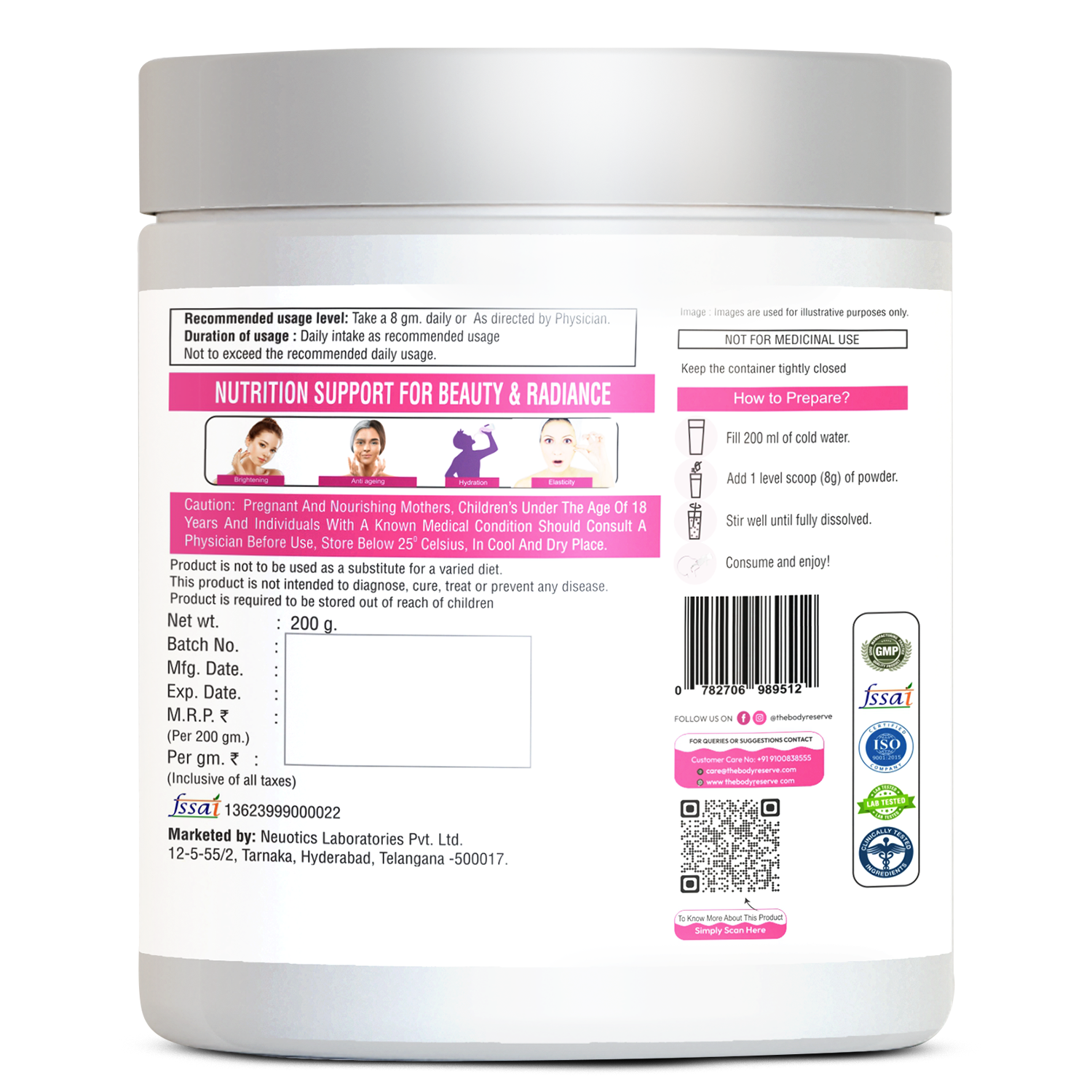 The Body Reserve Marine Collagen Supplement For Men, Women (Orange - 200g) With Sodium Hyaluronate, Vitamin C, E & Biotin, High Absorption Marine Collagen Peptides For Healthy Skin, Hair & Nails, powder,1 count,25 Servings