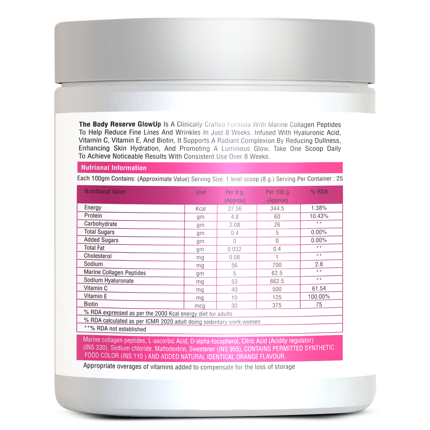 The Body Reserve Marine Collagen Supplement For Men, Women (Orange - 200g) With Sodium Hyaluronate, Vitamin C, E & Biotin, High Absorption Marine Collagen Peptides For Healthy Skin, Hair & Nails, powder,1 count,25 Servings