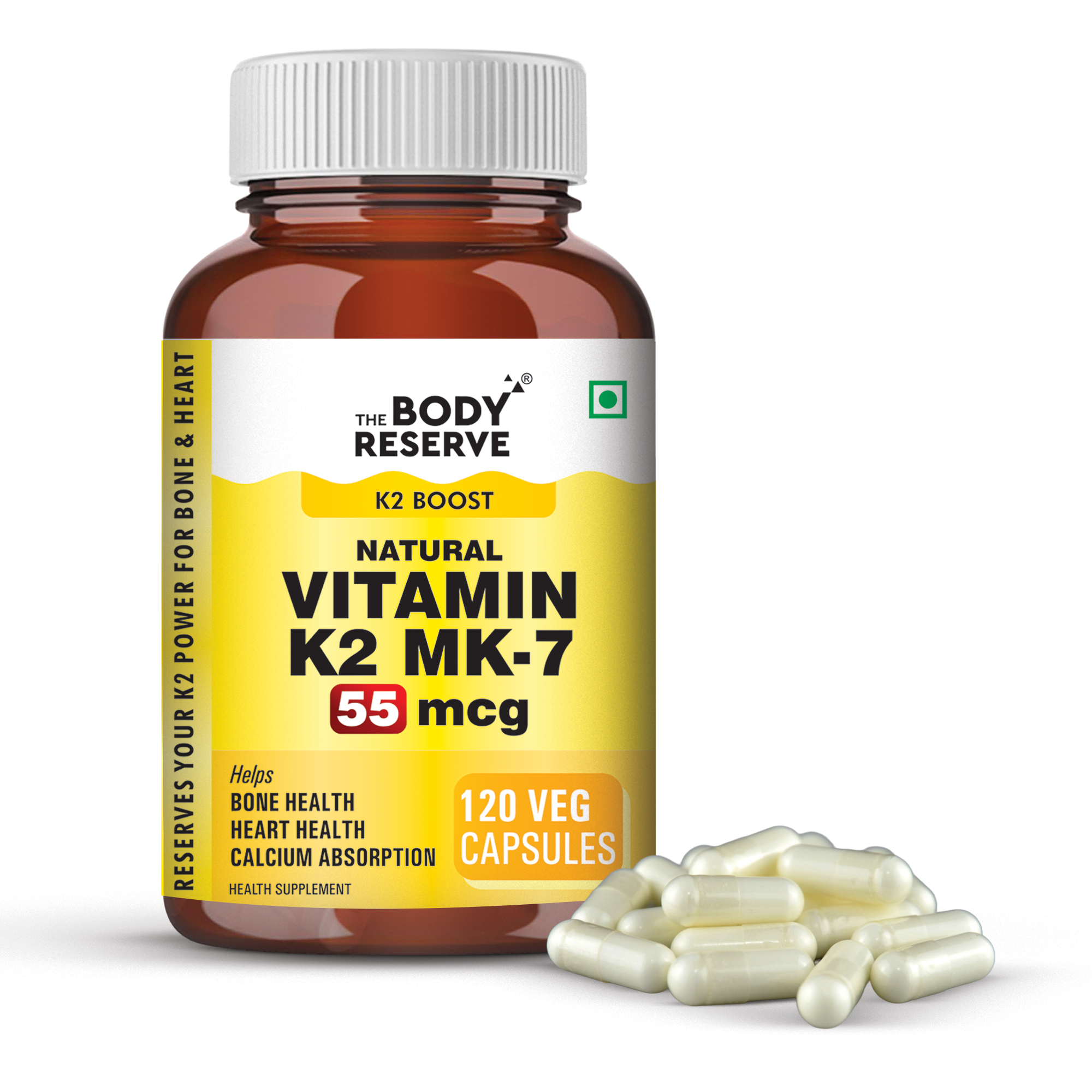 Vitamin K2 MK7 55mcg 120 Veg Capsules - Supplement for Bone & Heart Wellness