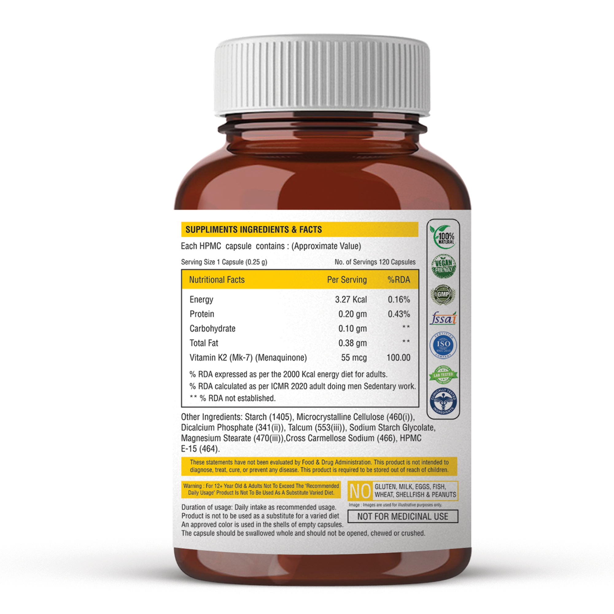 Vitamin K2 MK7 55mcg 120 Veg Capsules - Supplement for Bone & Heart Wellness