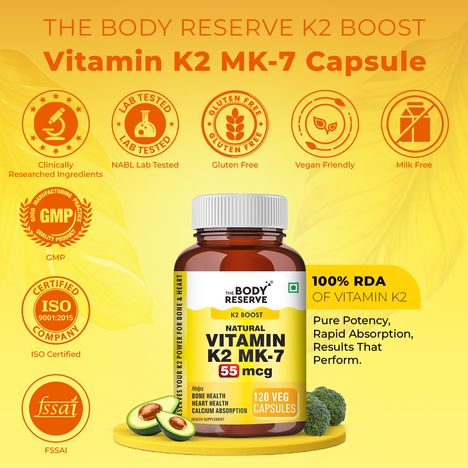 Vitamin K2 MK7 55mcg 120 Veg Capsules - Supplement for Bone & Heart Wellness