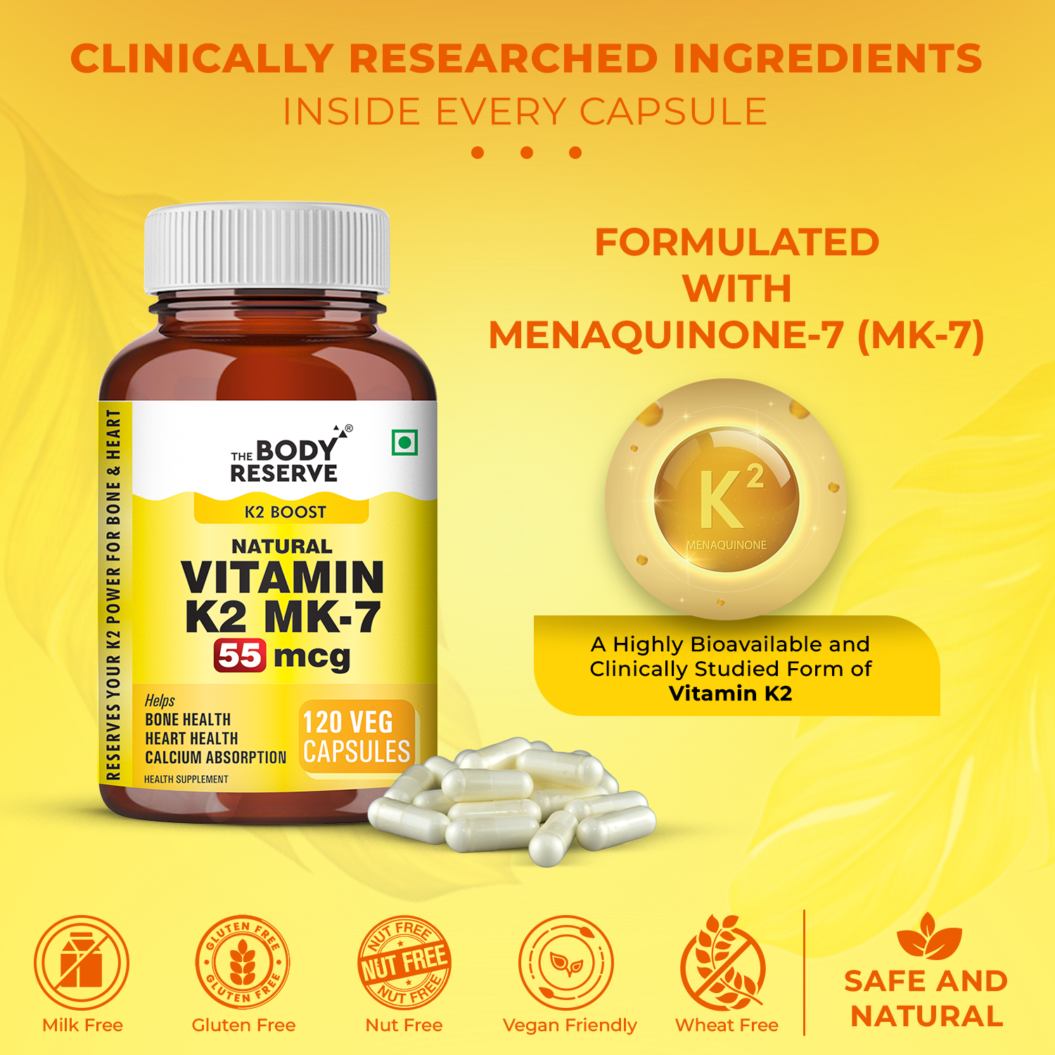 Vitamin K2 MK7 55mcg 120 Veg Capsules - Supplement for Bone & Heart Wellness