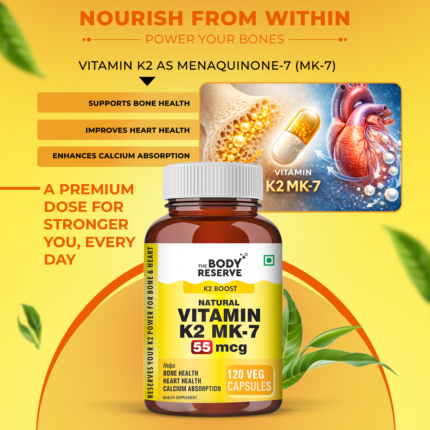 Vitamin K2 MK7 55mcg 120 Veg Capsules - Supplement for Bone & Heart Wellness