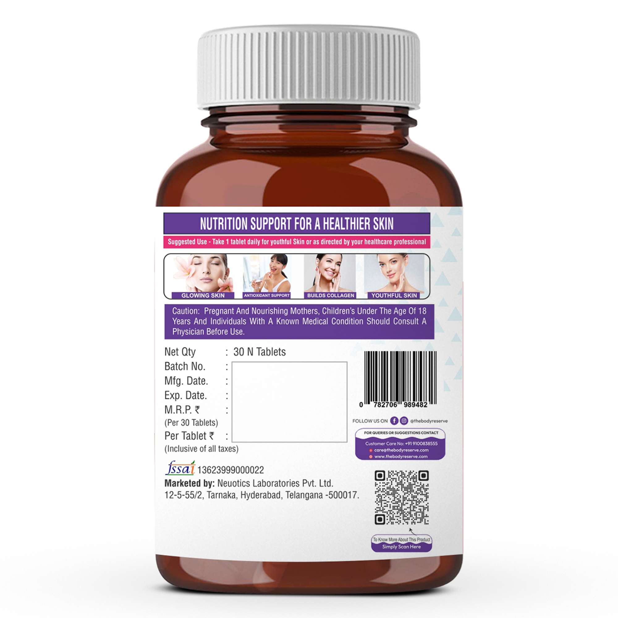 The Body Reserve Japanese L-Glutathione Tablets 500mg for Skin Glow With Hyaluronic Acid, Vitamin E, Lycopene & Biotin, Supports Collagen Production - 30 Tablets Sugar-Free Pack of 1