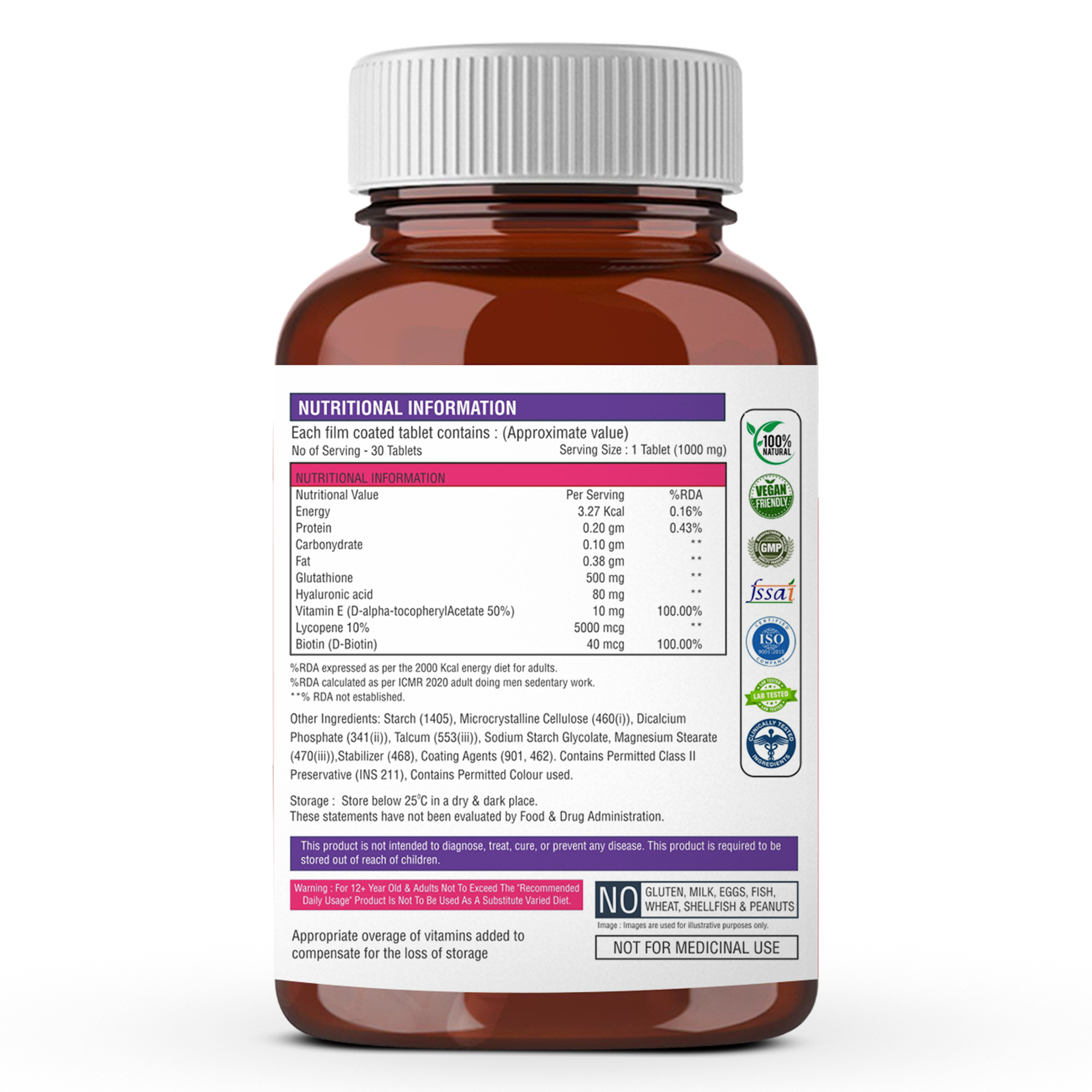 The Body Reserve Japanese L-Glutathione Tablets 500mg for Skin Glow With Hyaluronic Acid, Vitamin E, Lycopene & Biotin, Supports Collagen Production - 30 Tablets Sugar-Free Pack of 1