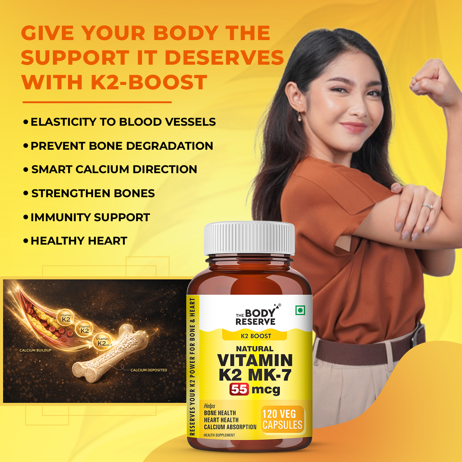 Vitamin K2 MK7 55mcg 120 Veg Capsules - Supplement for Bone & Heart Wellness