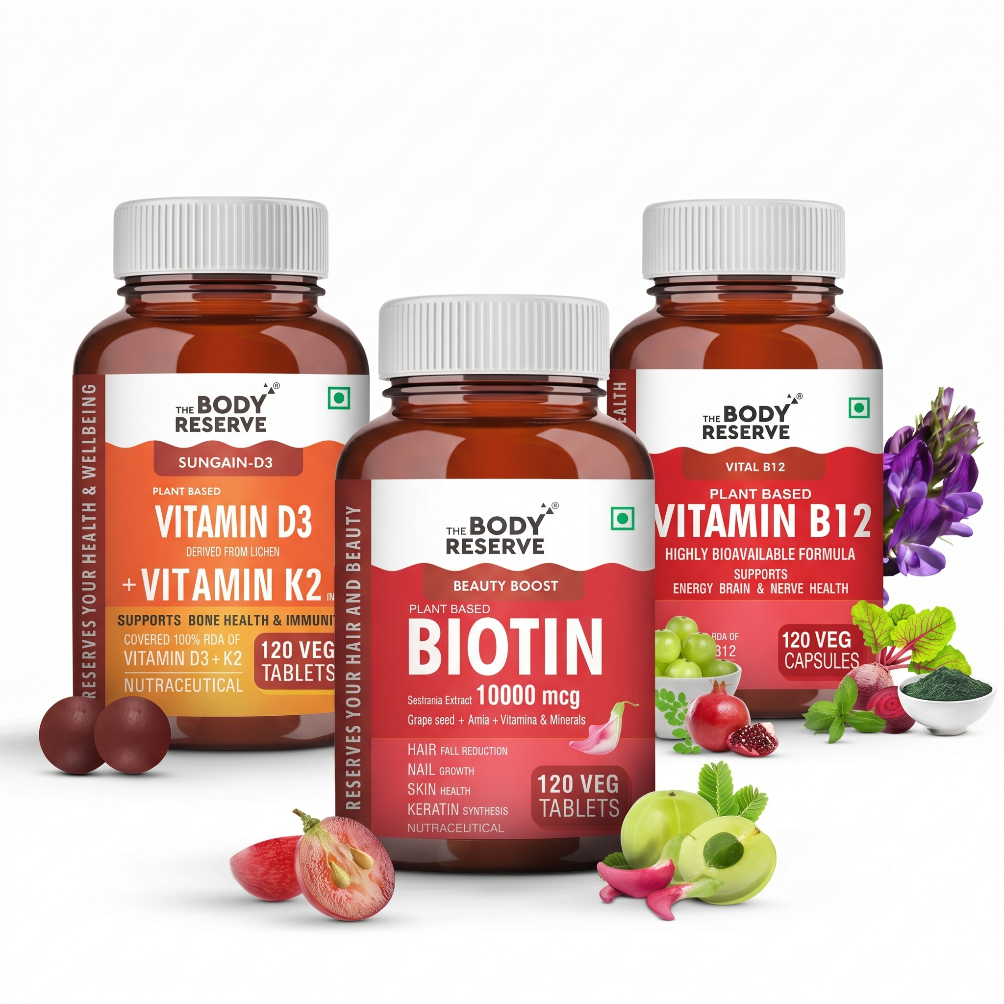 The Body Reserve Vitamin B12 Supplement for Men & Women + Biotin 10,000 mcg Tablets + Vitamin D3 K2 MK7 Tablets – 120 Capsules/Tablets Each | Daily Wellness Combo