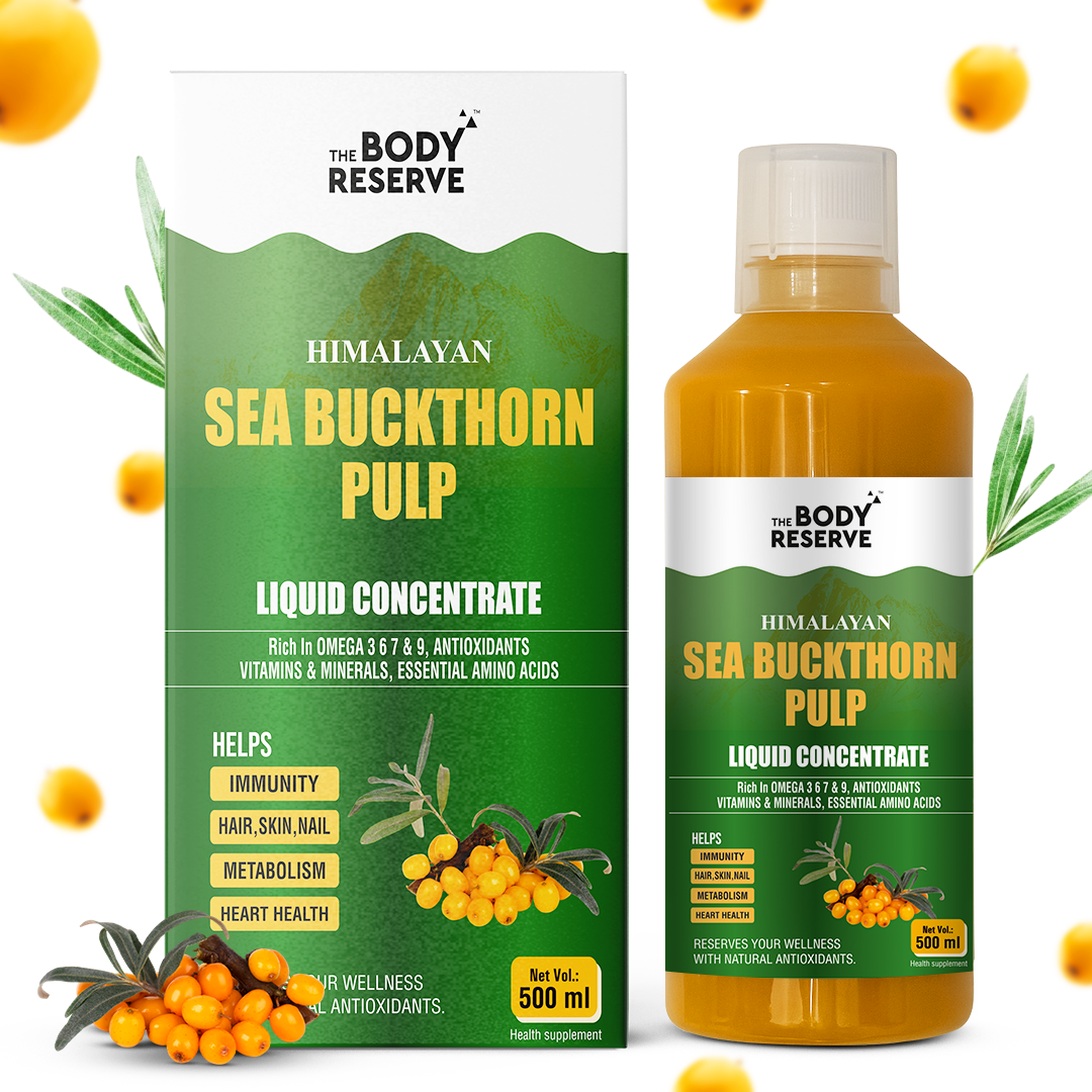 The Body Reserve Himalayan Sea Buckthorn Juice 500ml Berry Pulp Concentrate Makes 85 Glasses, Rich in Natural Vitamin C, Omega 3 6 7 9, Antioxidants for skin Glow, immunity Heart & Gut health support