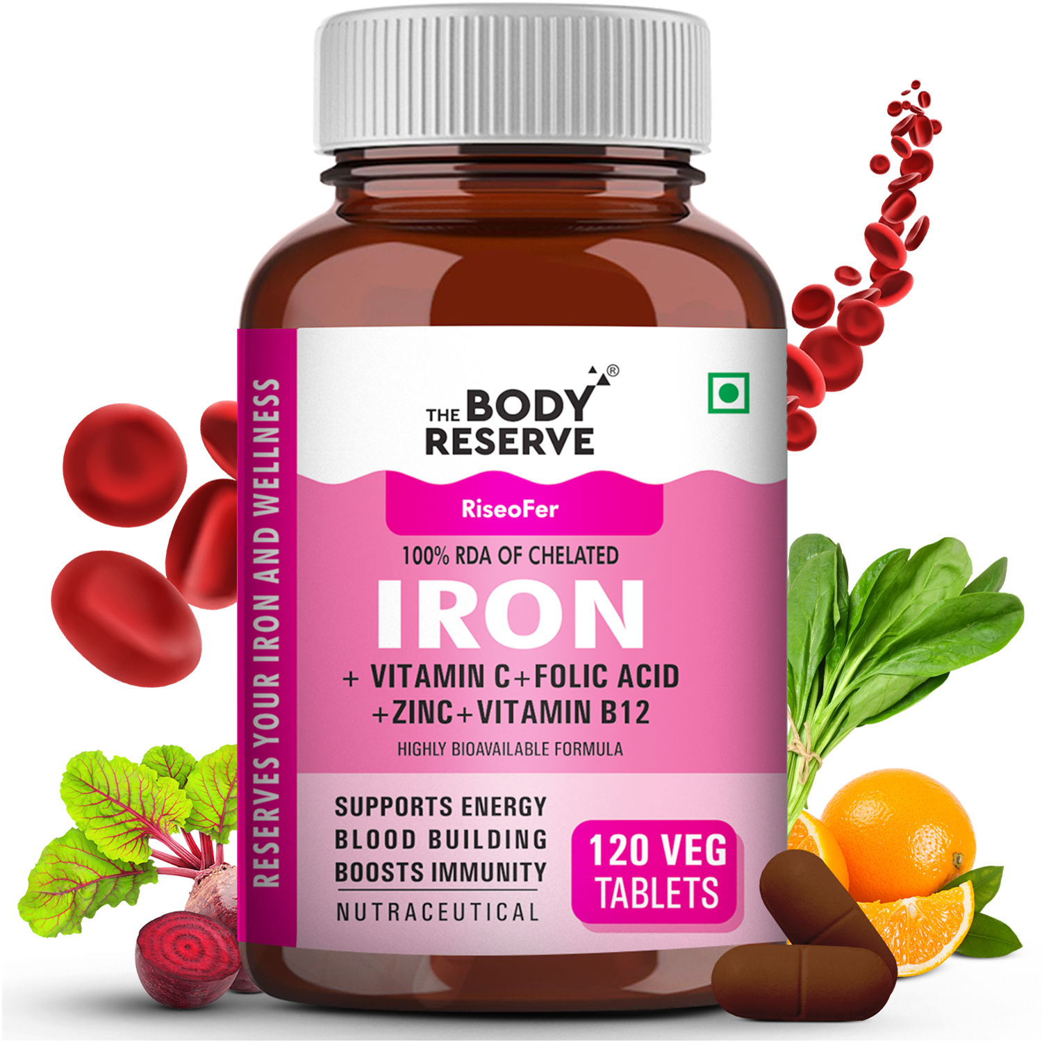 The Body Reserve Chelated Iron + Vitamin C Tablets - 120 Veg Tablets with Vitamin B12 , Zinc, Folic Acid,  Beetroot Extract - High Absorption, Supports Blood Building, Energy & Immunity, 100% RDA