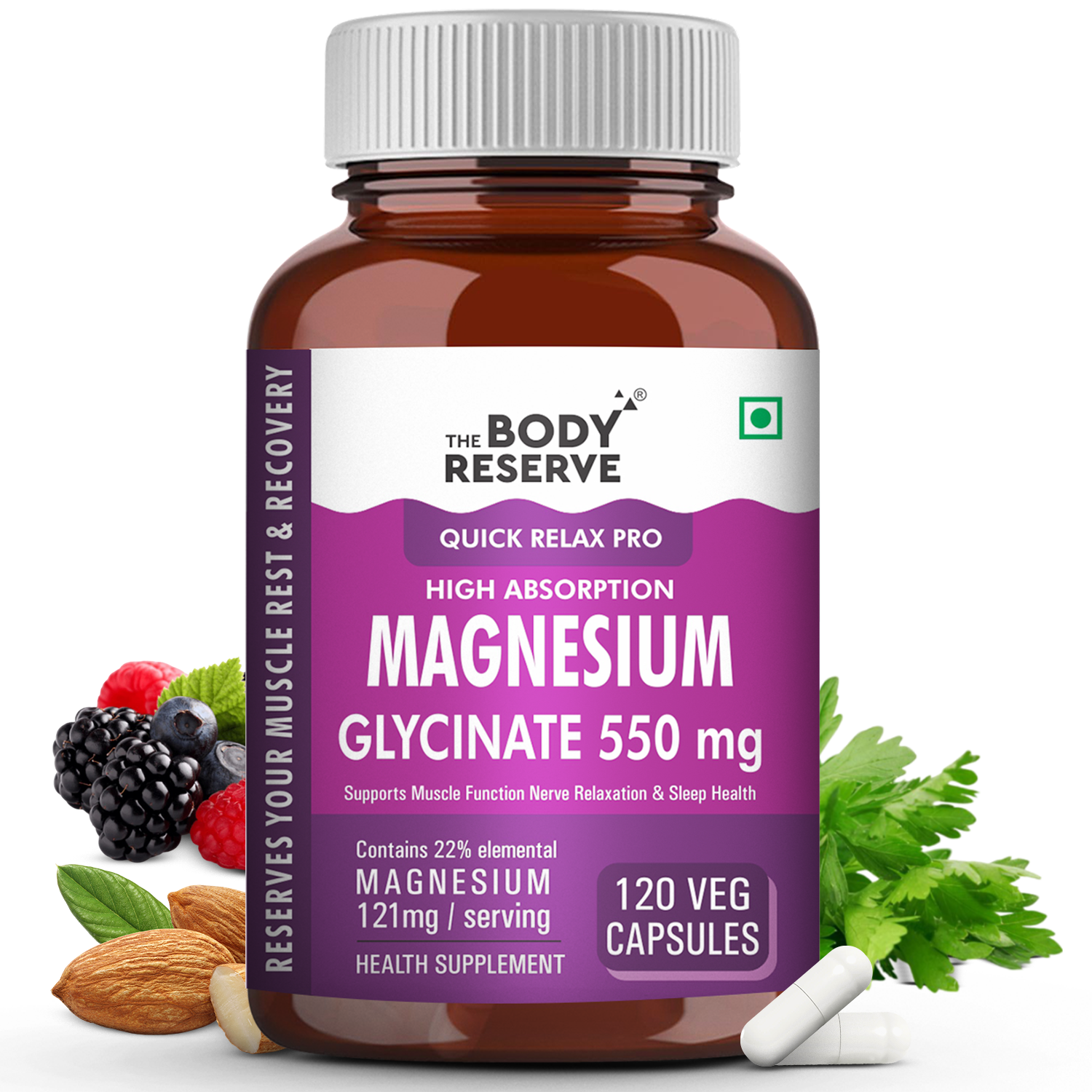 The Body Reserve Magnesium Glycinate Supplement - 120 Veg Tablets, 550mg Per Serving, High Absorption Chelated Form - Supports Muscle & Nerve Health, Promotes Relaxation for Men & Women