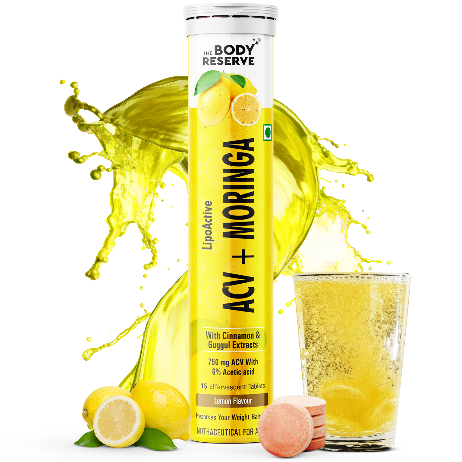 THE BODY RESERVE ACV Moringa effervescent (lemon)To Control Cravings,Apple Cider Vinegar,cinnamon  (15 Tablets)