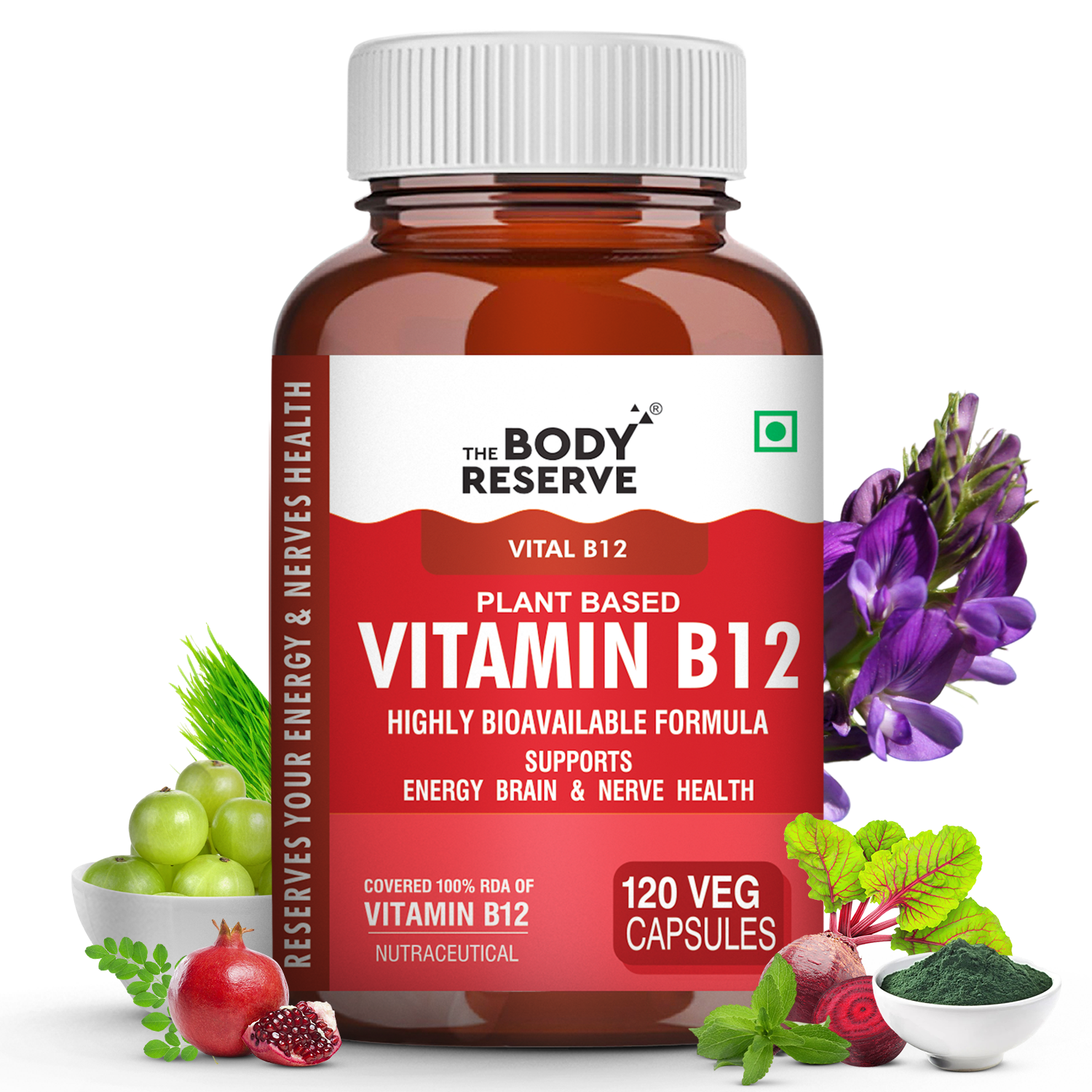 The Body Reserve Plant Based Vitamin B12 Supplement For Men & Women 120 Capsules Organic Vitamin B12 For Nerve And Brain Health Vegan Capsules