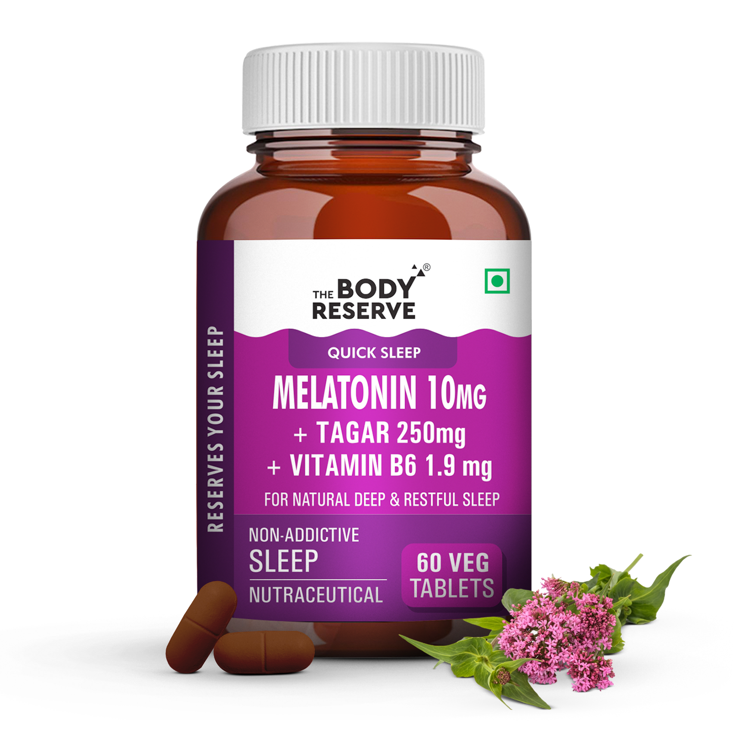 The Body Reserve Melatonin 10mg with Tagar 250mg - 60 Veg Tablets for Natural Sleep Aid, Muscle Recovery, Nerve Relaxation, and Stress Relief - Non-Habit Forming Sleep Aid for Men & Women