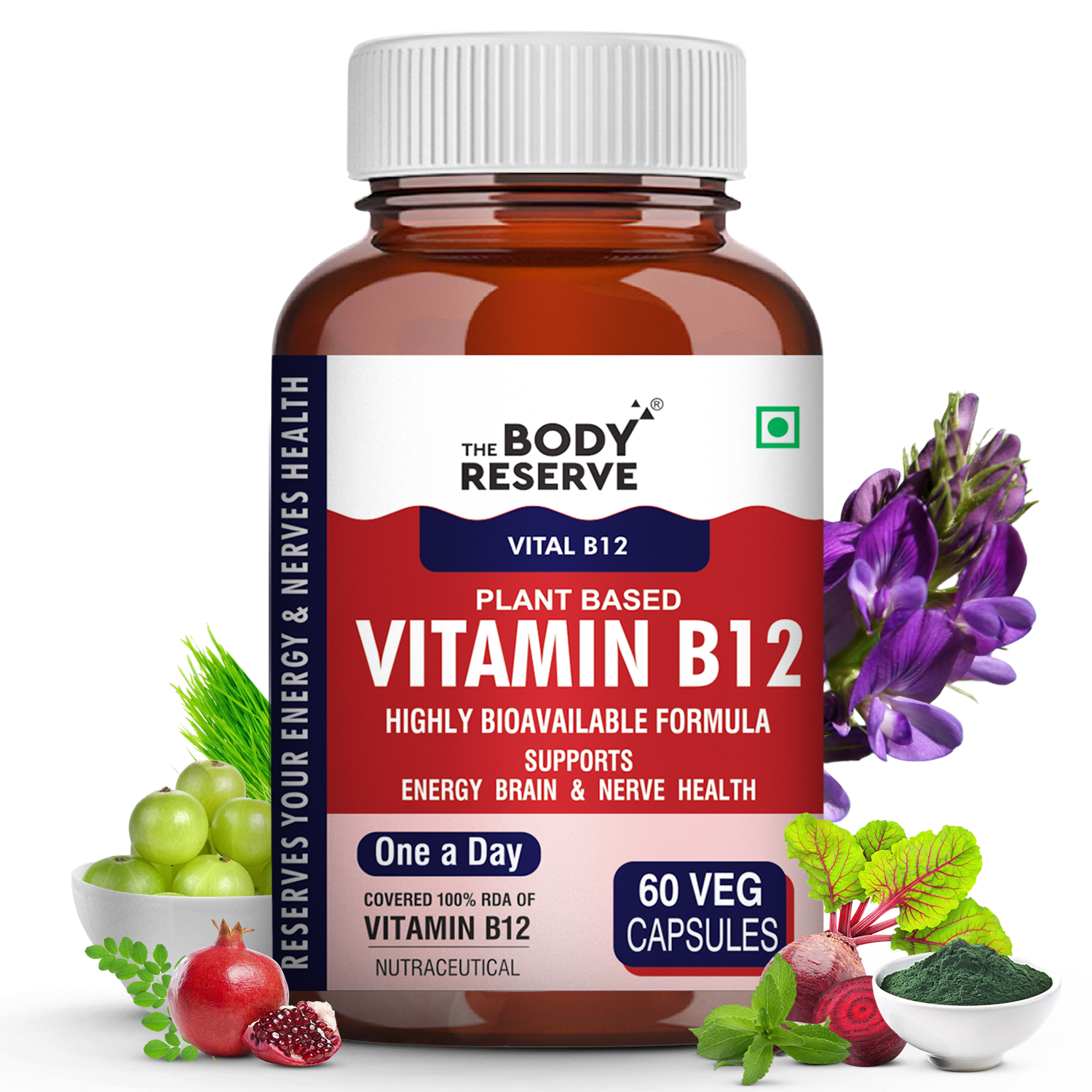 The Body Reserve Plant Based Vitamin B12 Supplement For Men & Women 60 Capsules  Organic Vitamin B12 For Nerve And Brain Health Vegan Capsules, Daily One 60 Days Pack