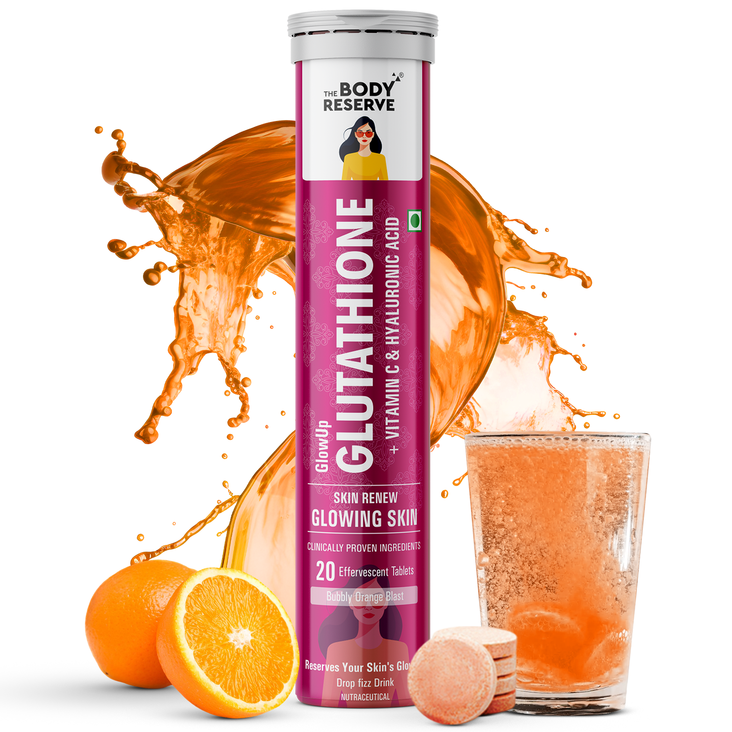 The Body Reserve Glutathione Tablets For Glowing Skin 20 Effervescent Tablets Supplement With 500mg L-Glutathione, Vitamin C & Hyaluronic Acid, Antioxidant & Skin Glow Supplement For Clear Skin, No Added Sugar, Orange Flavour, 1 count