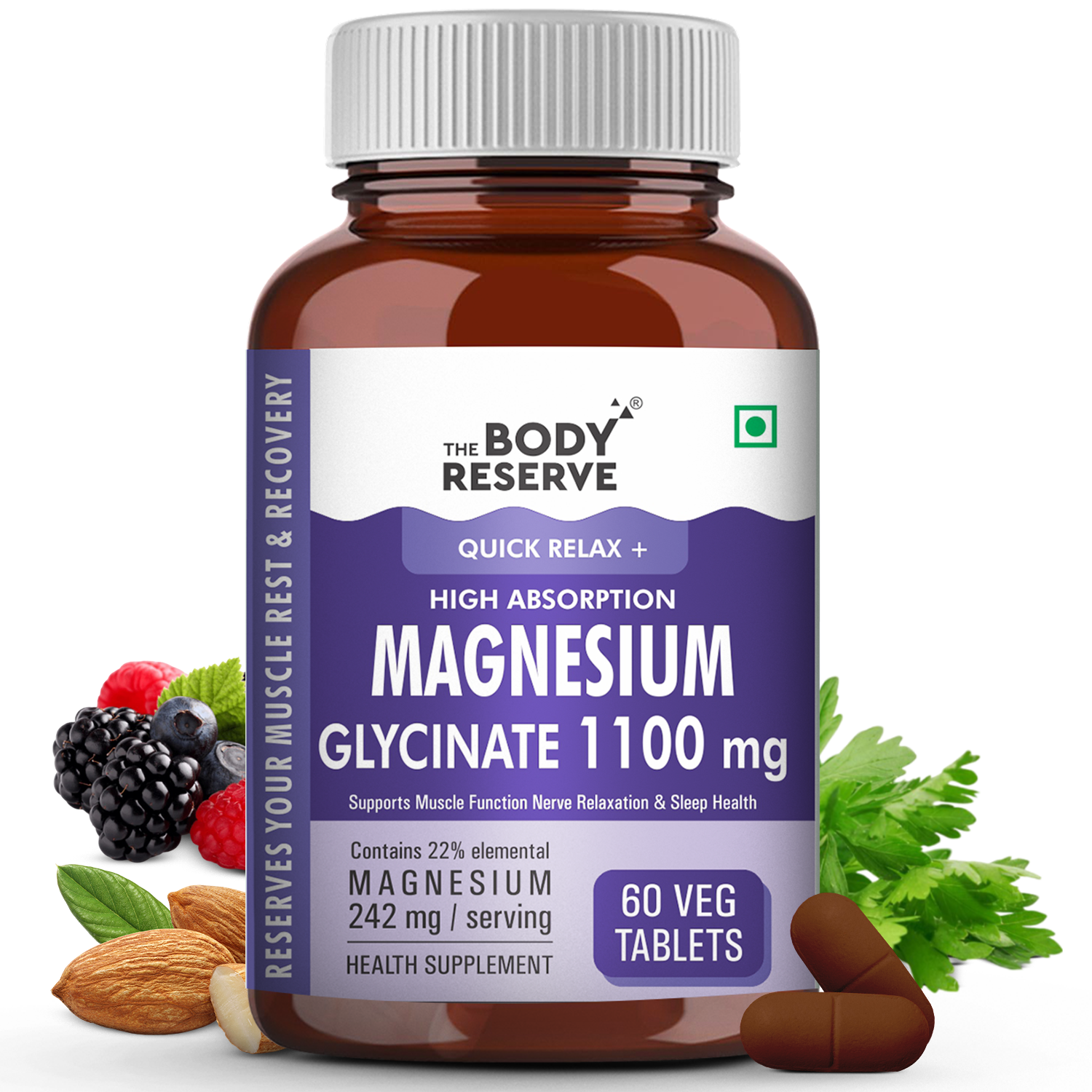 The Body Reserve Magnesium Glycinate Supplement - 60 Veg Tablets, 1100mg Per Serving, High Absorption Chelated Form - Supports Muscle & Nerve Health, Promotes Relaxation for Men & Women