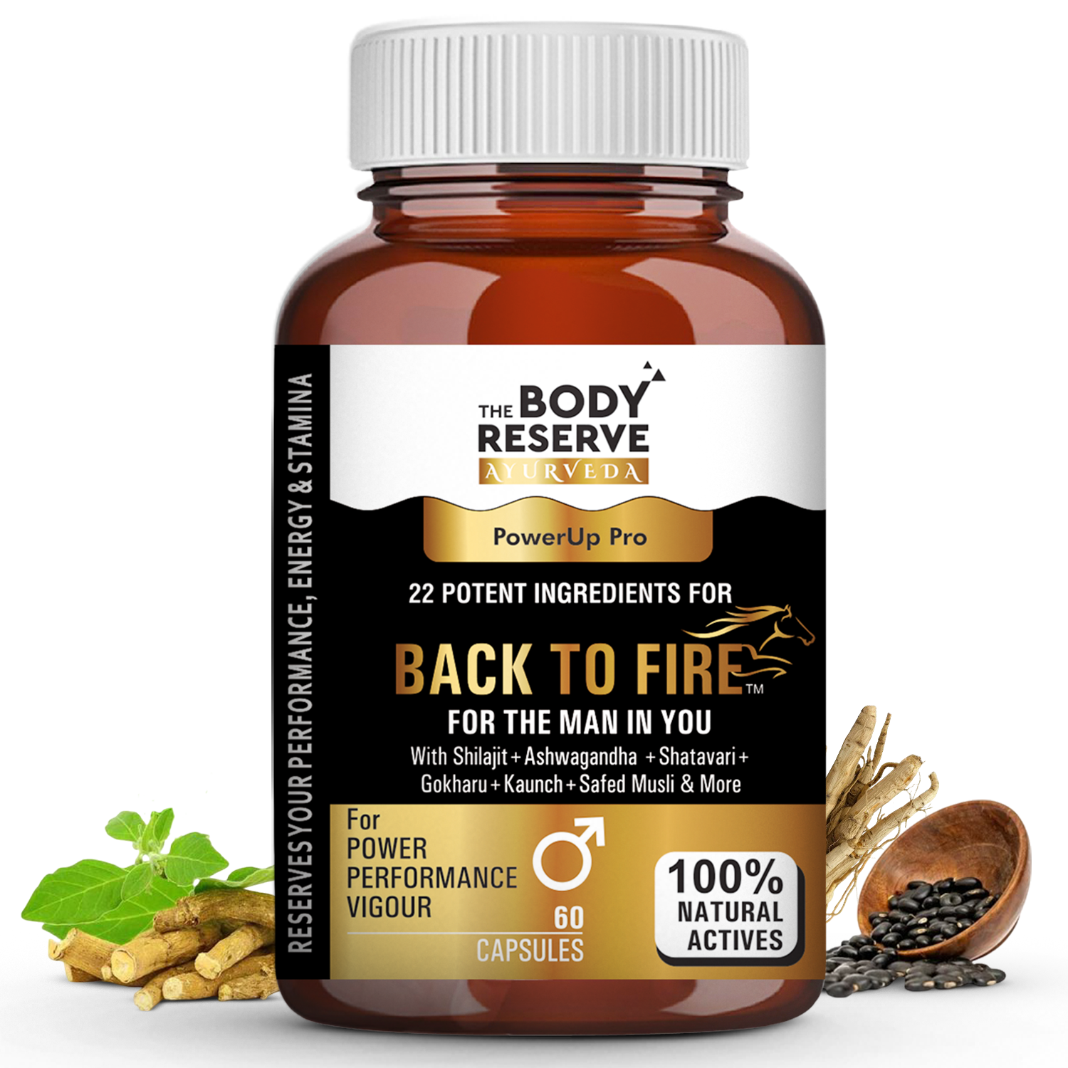 The Body Reserve Ayurveda Back To Fire Capsules For Men With 22 Ayurvedic Herbs Blend for Stamina, Strength & Vitality  With Ashwagandha, Shilajit, Safed Musli, Gokshura & More  60 Vegetarian Capsules