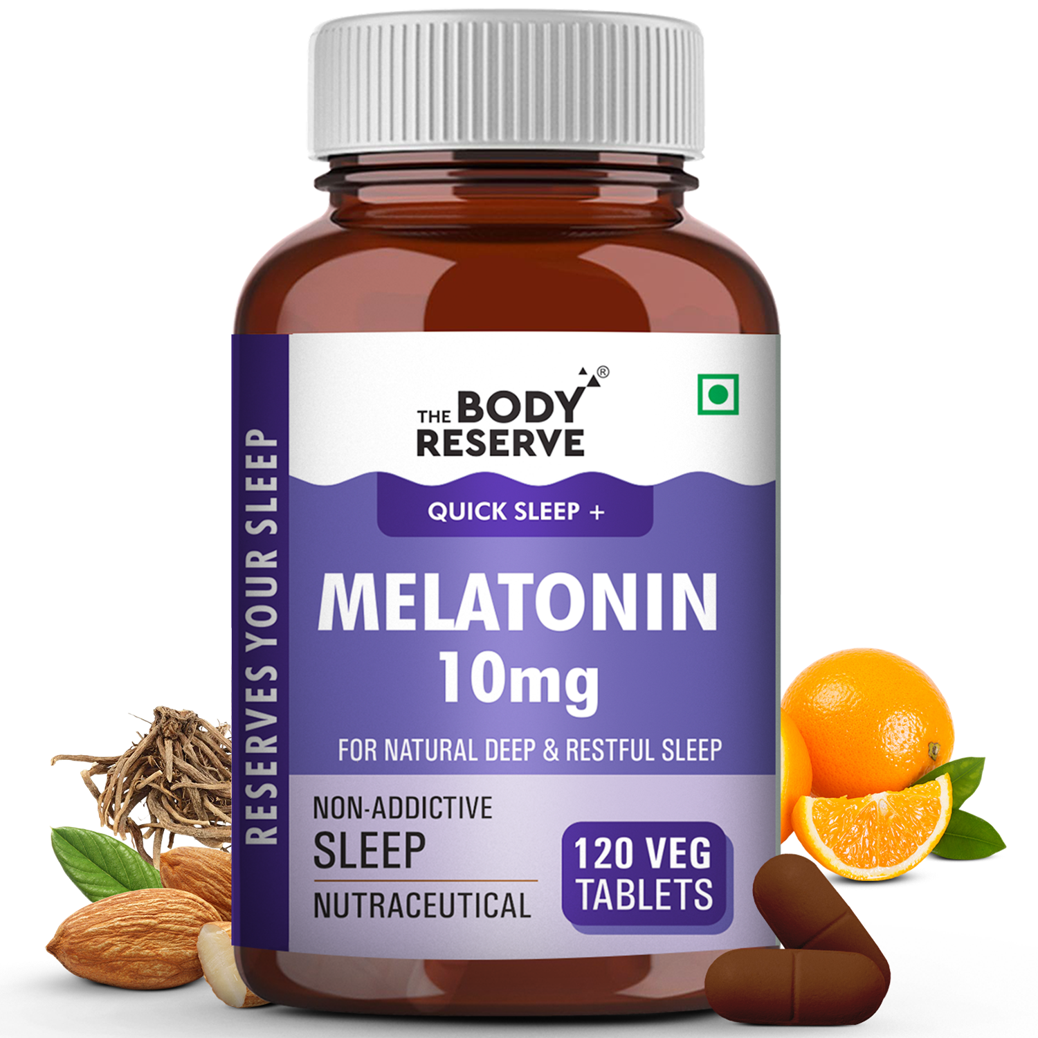 The Body Reserve Melatonin 10mg - 120 Veg Tablets for Sleep Support, Nerve Relaxation, and Stress Relief - Non-Habit Forming for Men & Women