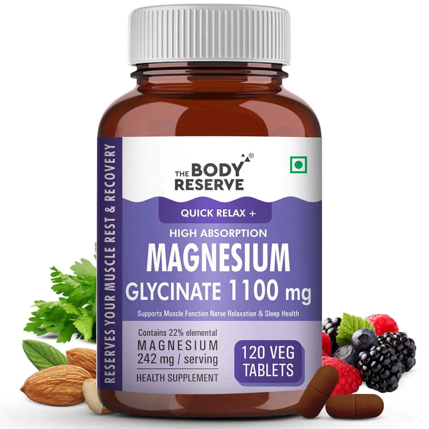 The Body Reserve Magnesium Glycinate Supplement - 120 Veg Tablets, 1100mg Per Serving, High Absorption Chelated Form - Supports Muscle & Nerve Health, Promotes Relaxation for Men & Women